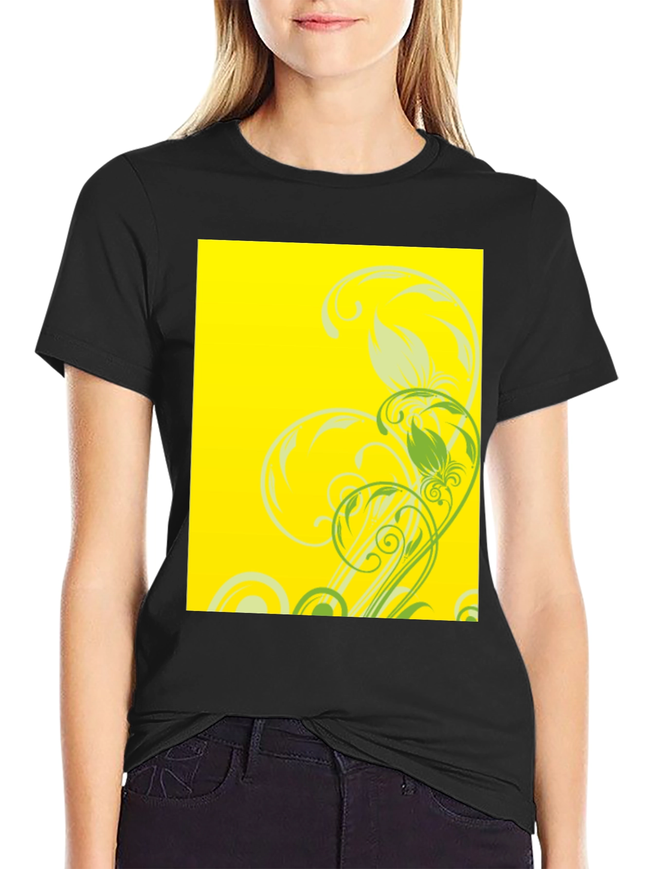 Black Tee with Floral Yellow Graphic Print