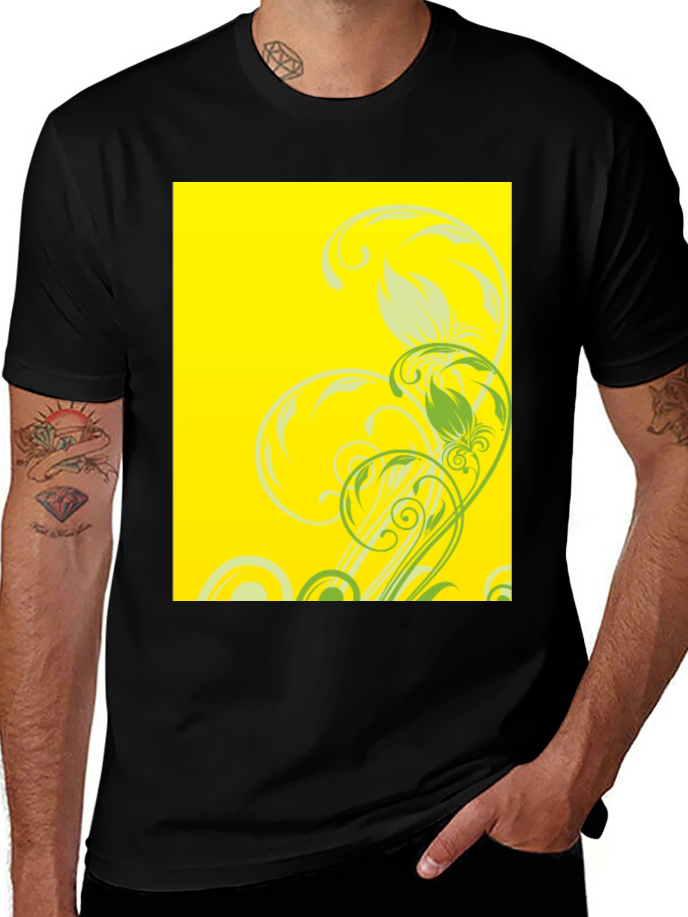 Black Tee with Floral Yellow Graphic Print