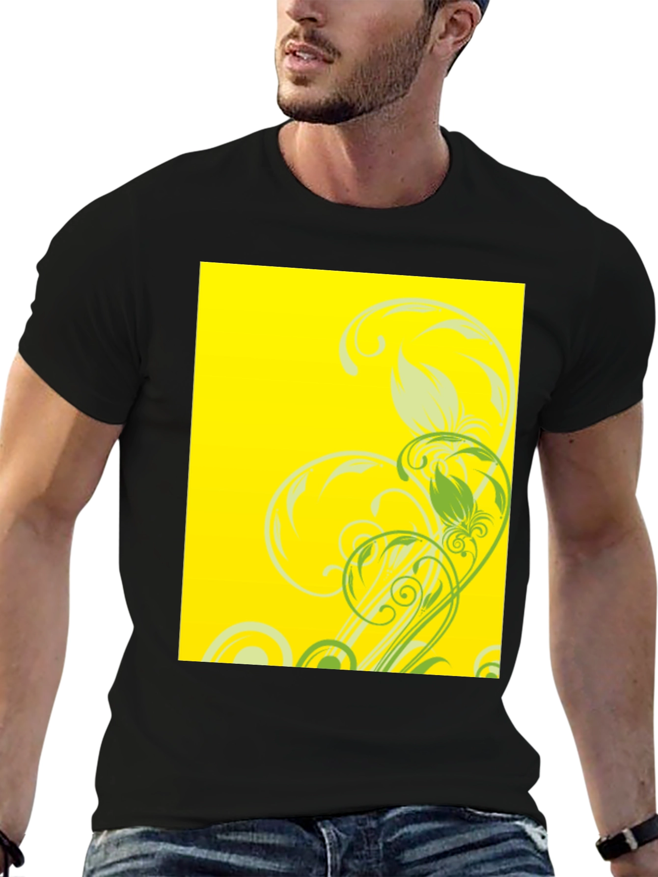 Black Tee with Floral Yellow Graphic Print