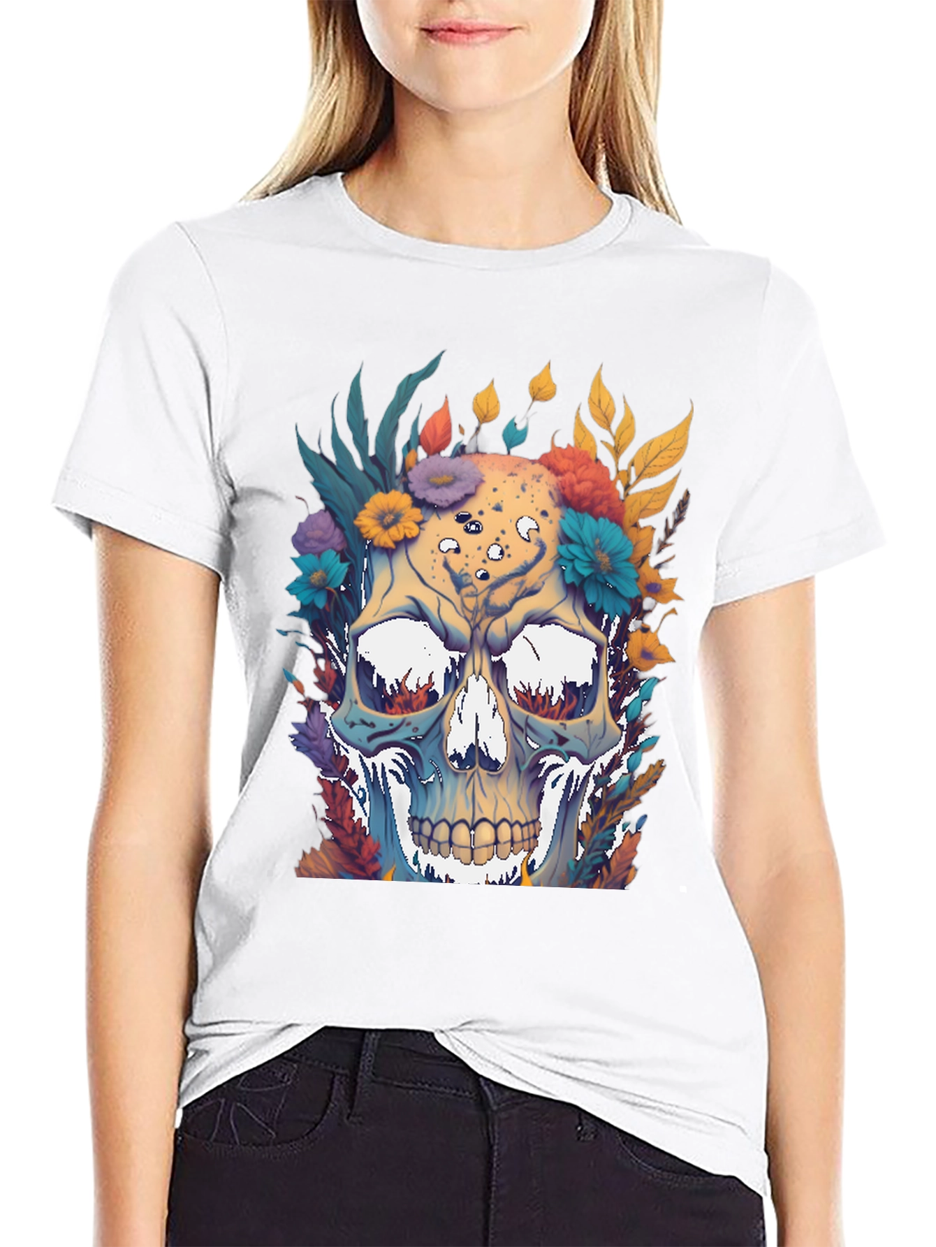 Floral Skull Graphic Print Black T-Shirt
