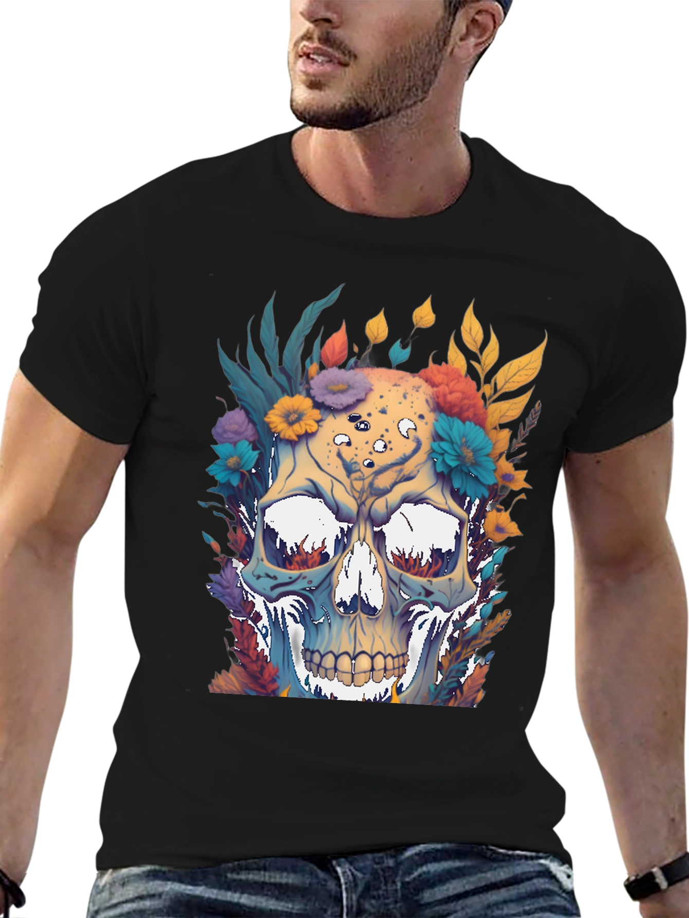 Floral Skull Graphic Print Black T-Shirt