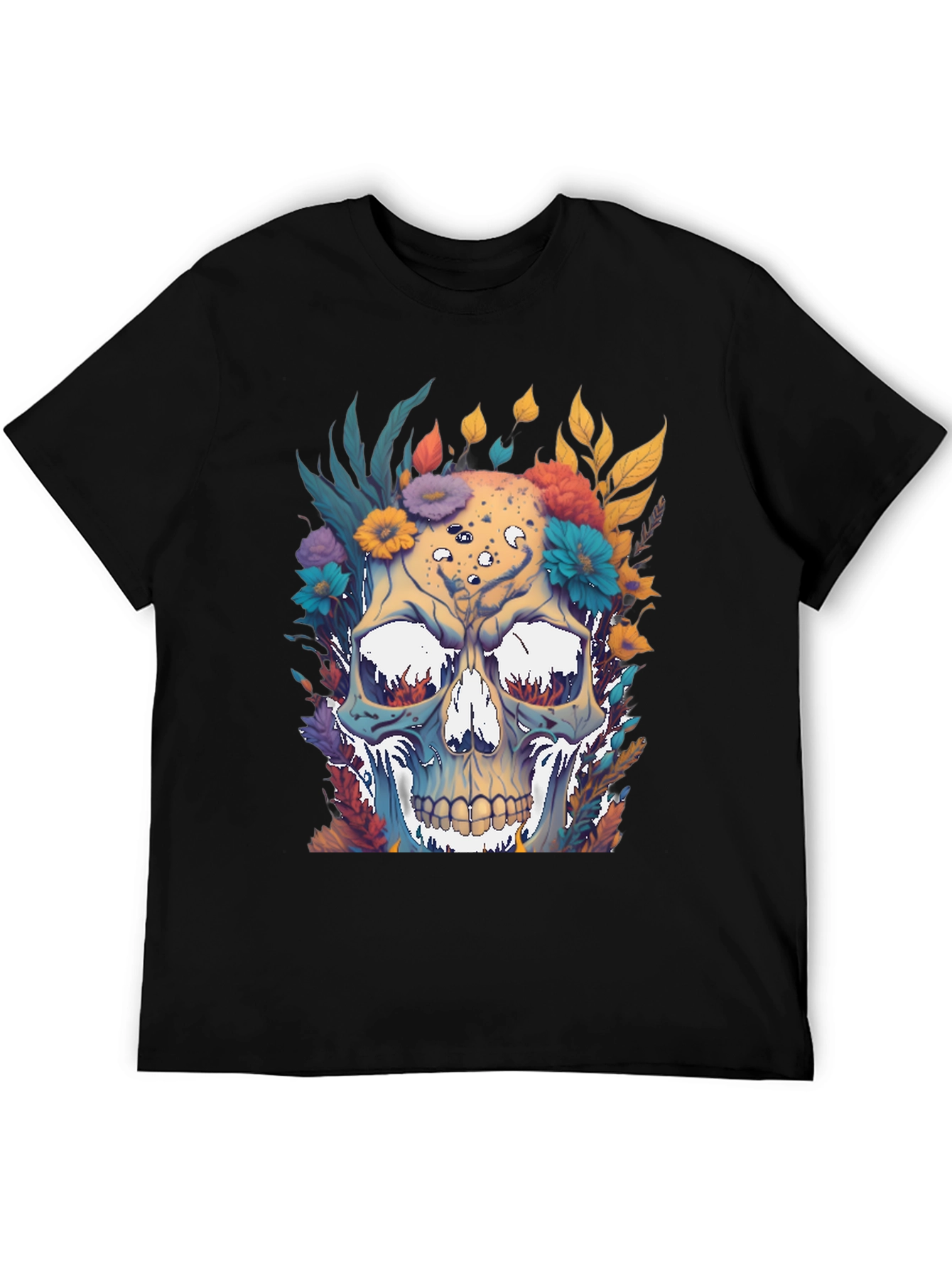 Floral Skull Graphic Print Black T-Shirt