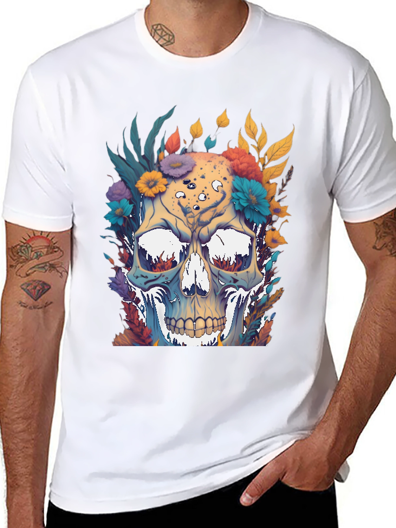 Floral Skull Graphic Print Black T-Shirt