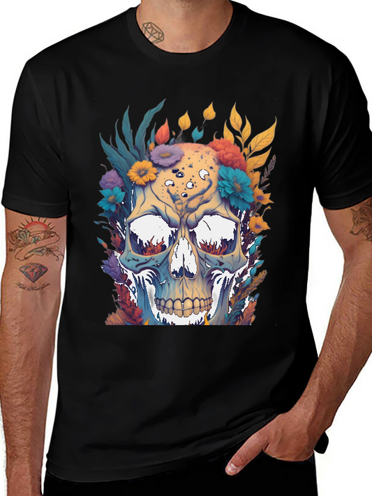 Floral Skull Graphic Print Black T-Shirt