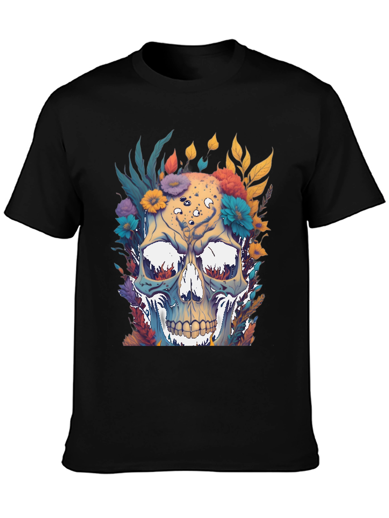 Floral Skull Graphic Print Black T-Shirt