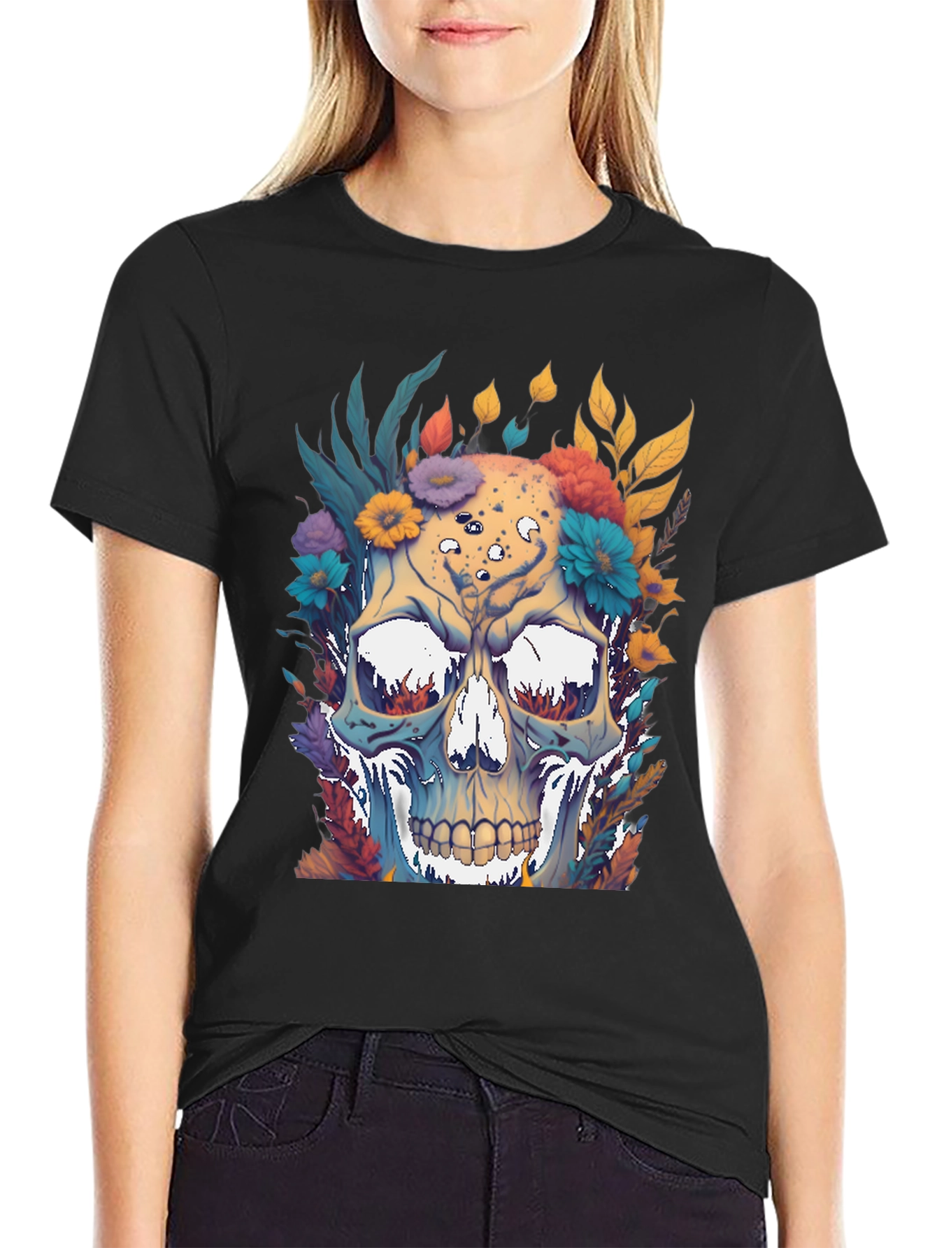 Floral Skull Graphic Print Black T-Shirt