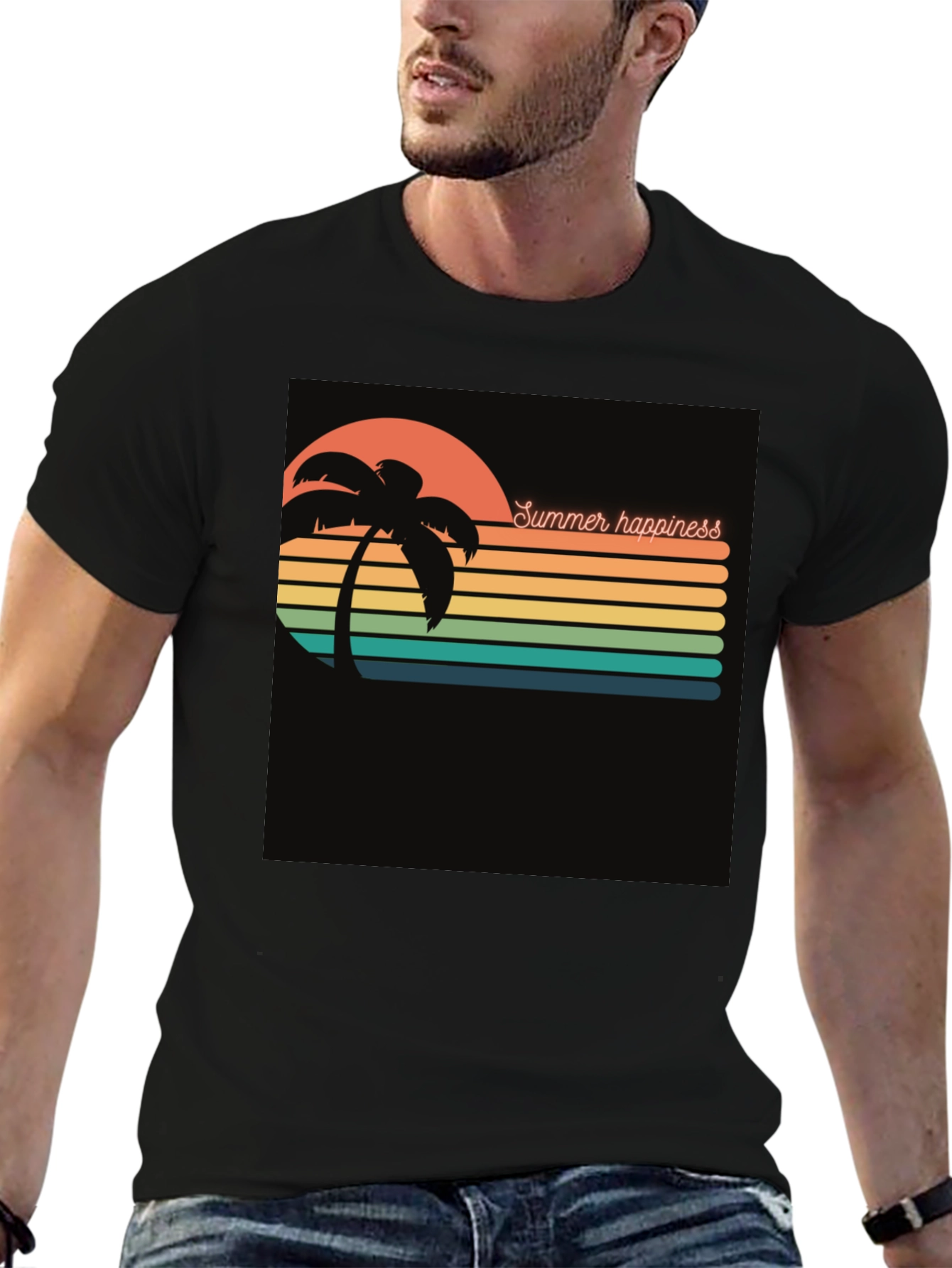 Summer Happiness Graphic Black T-Shirt