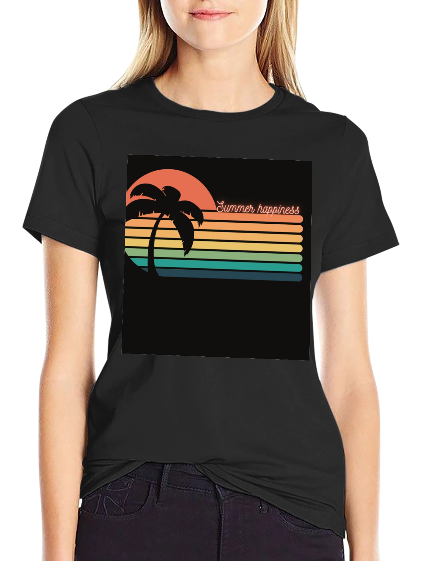 Summer Happiness Graphic Black T-Shirt
