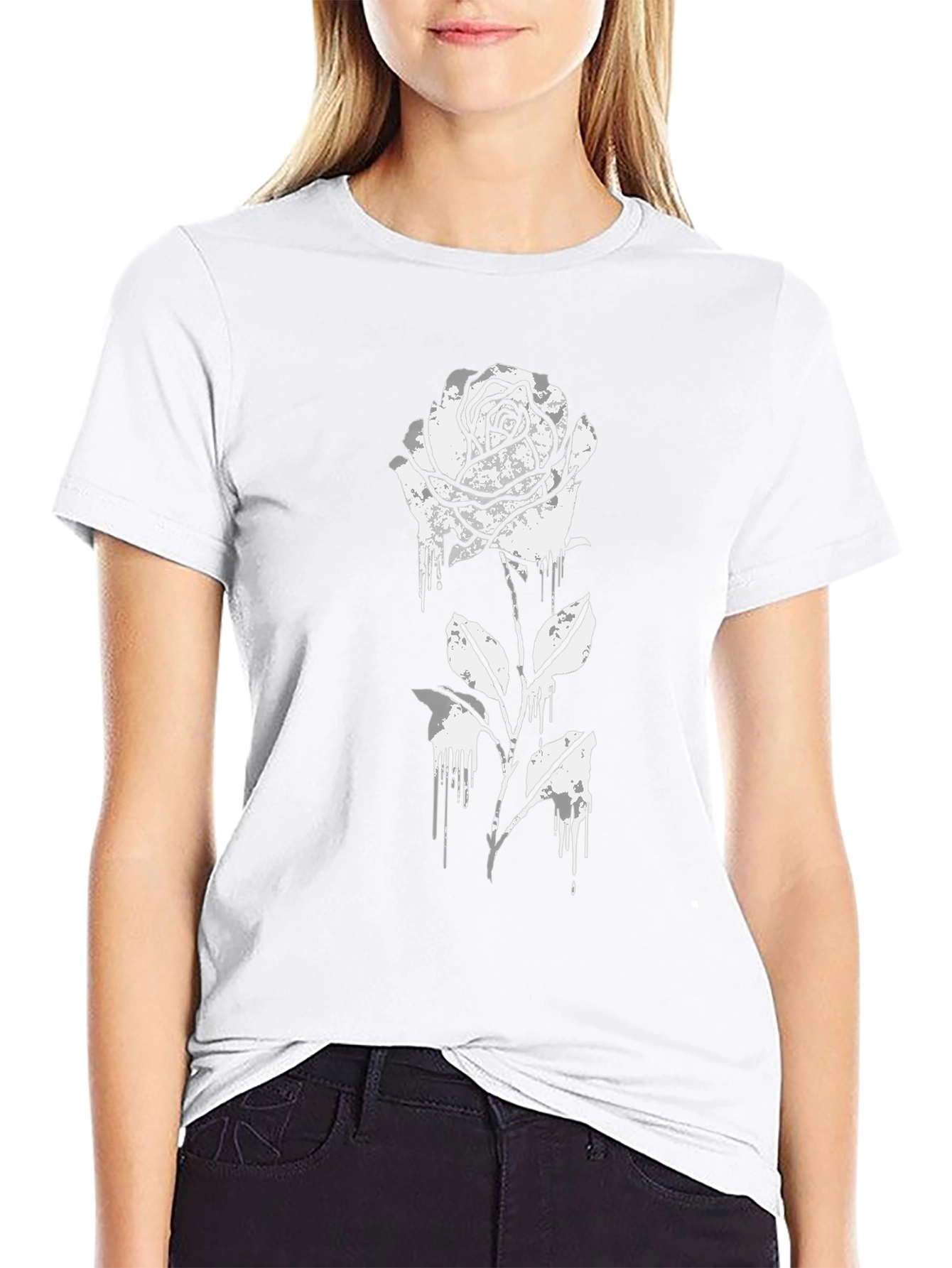 Black T-Shirt with Dripping Rose Graphic