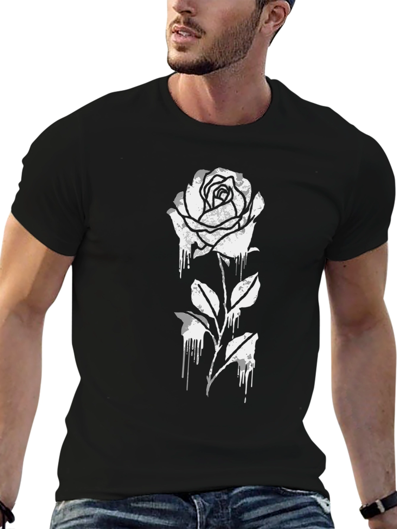 Black T-Shirt with Dripping Rose Graphic