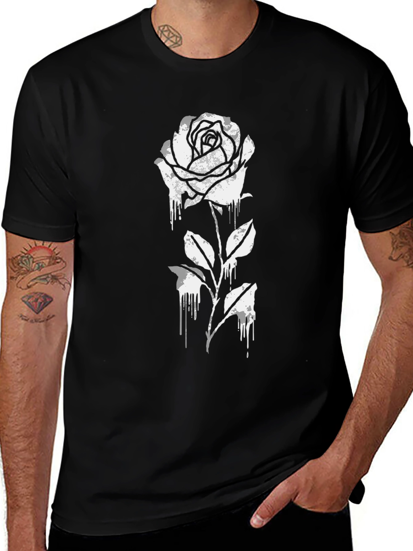 Black T-Shirt with Dripping Rose Graphic