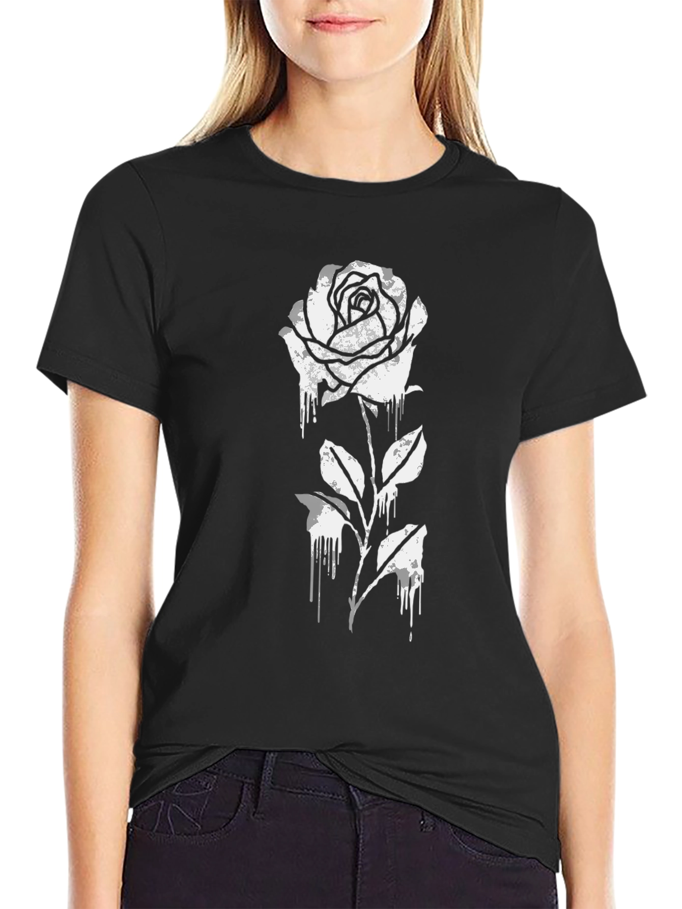 Black T-Shirt with Dripping Rose Graphic