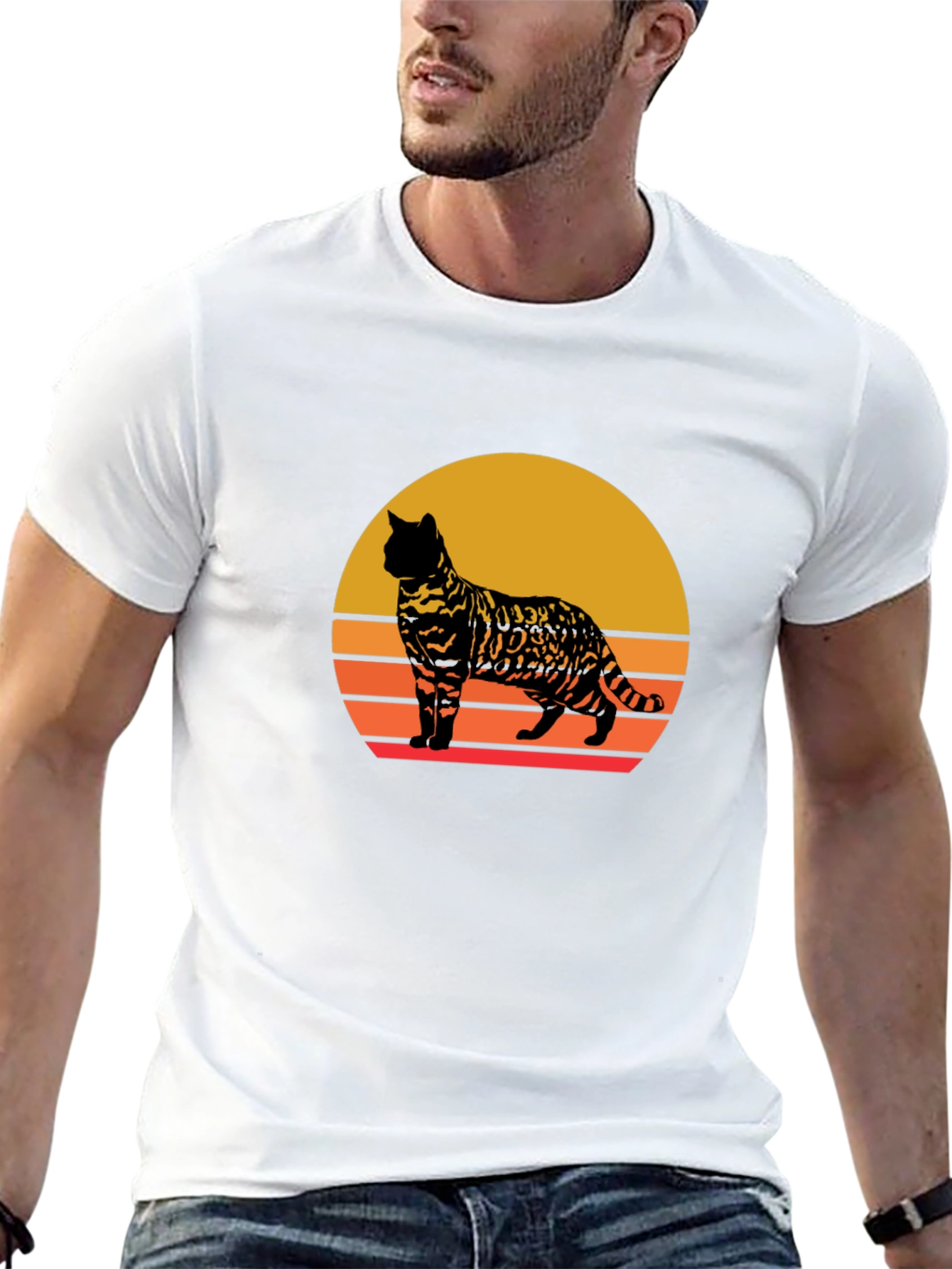 Retro Cat Sunset Graphic Tee - Unisex Black T-Shirt