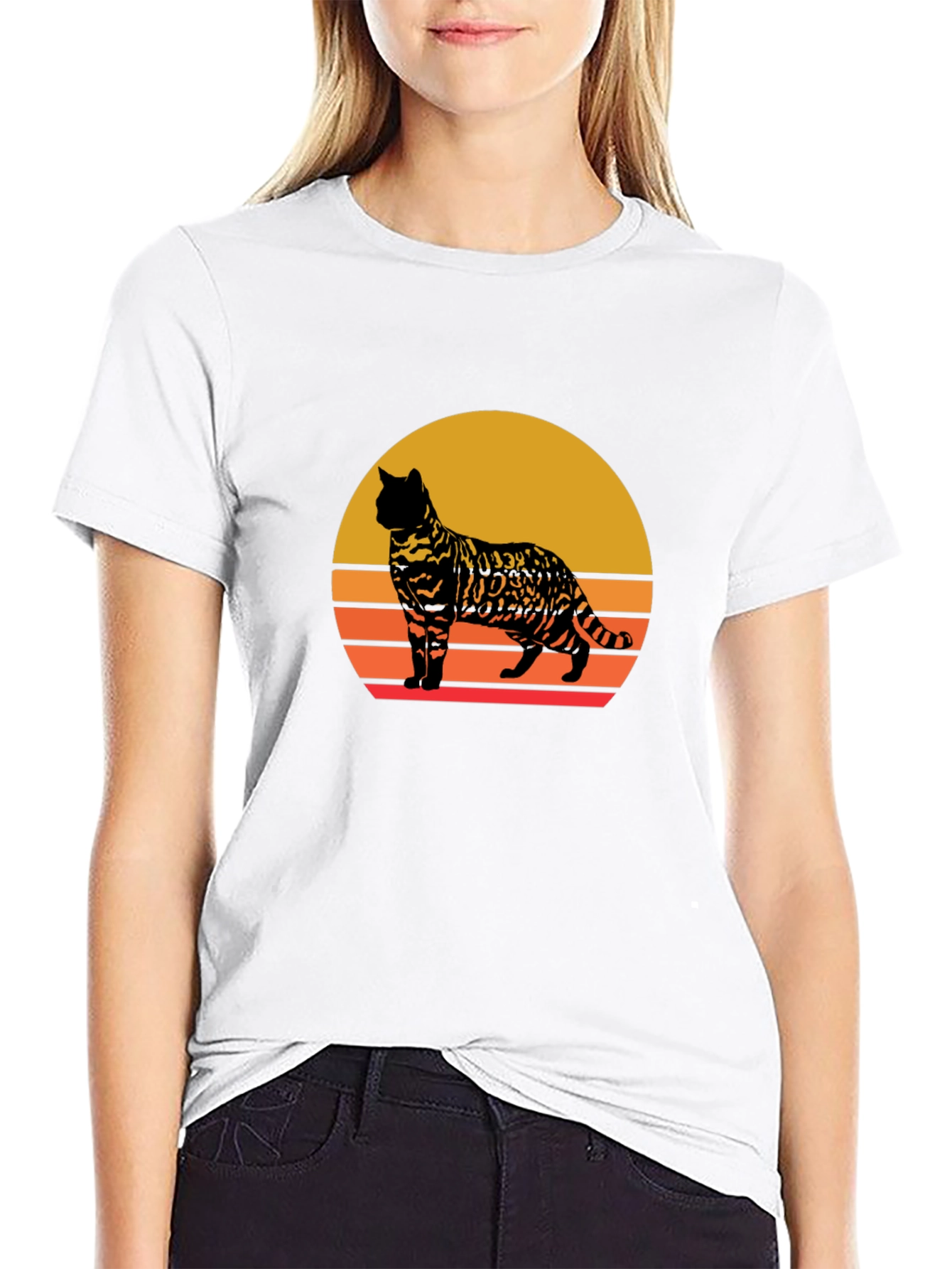 Retro Cat Sunset Graphic Tee - Unisex Black T-Shirt