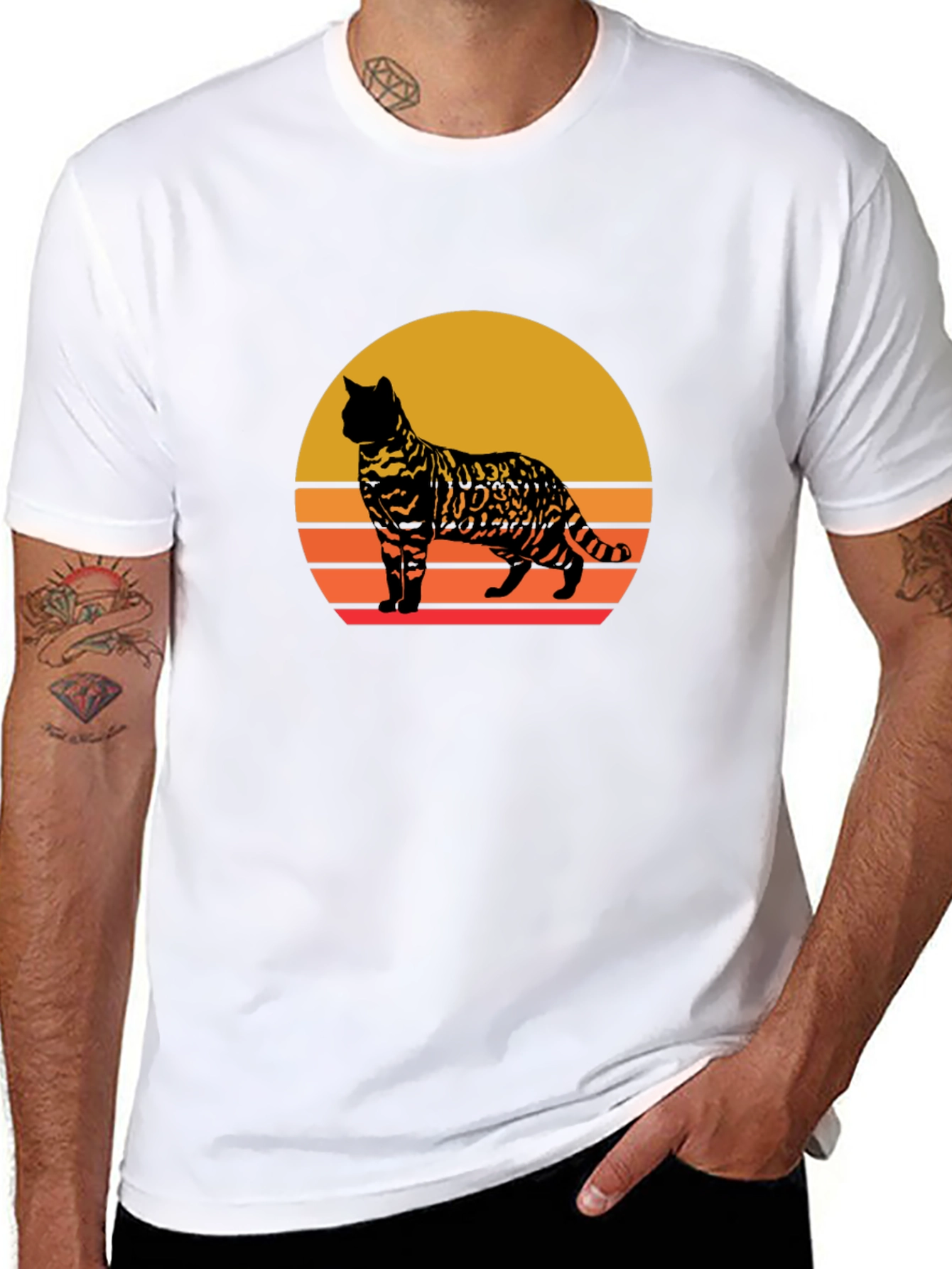 Retro Cat Sunset Graphic Tee - Unisex Black T-Shirt