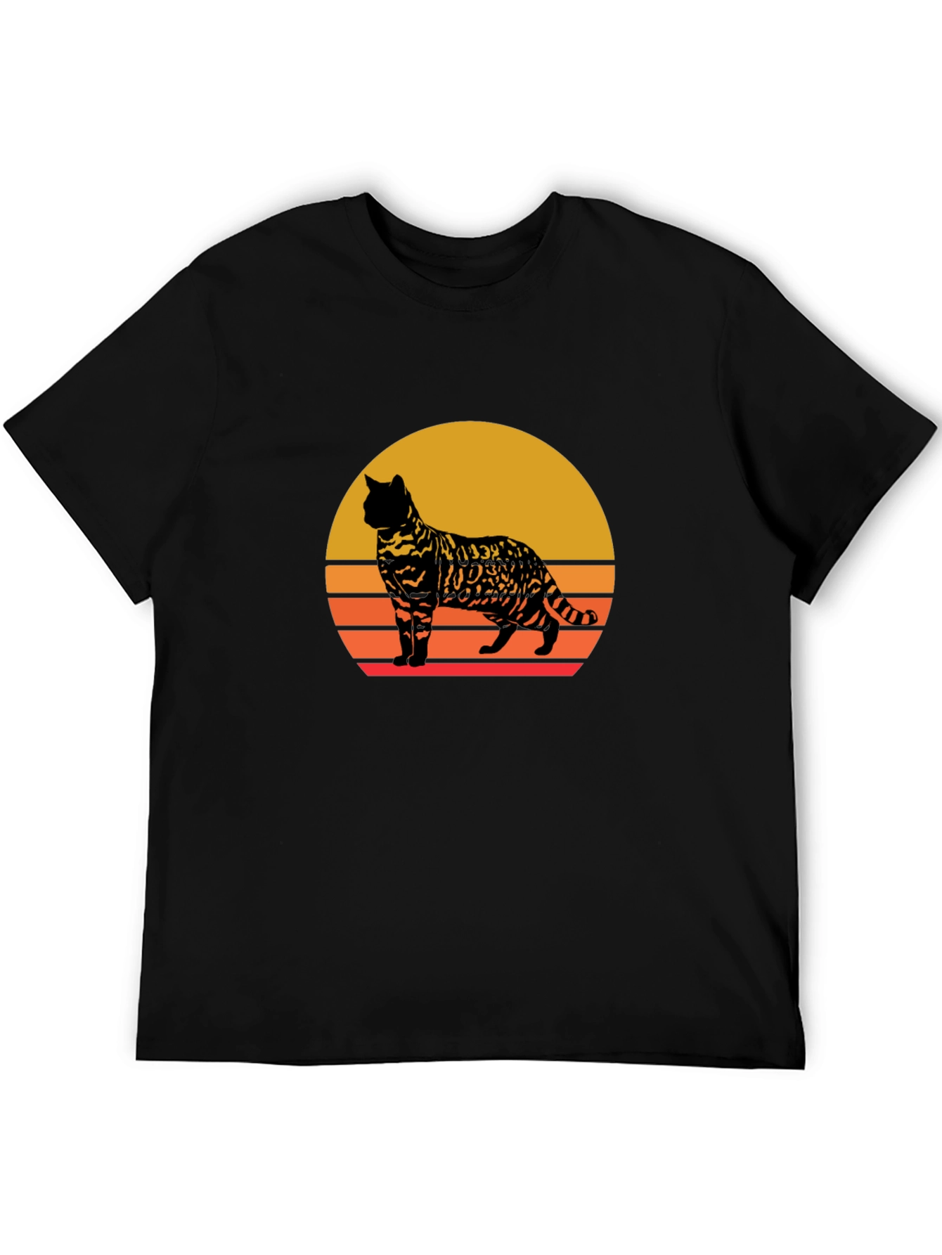 Retro Cat Sunset Graphic Tee - Unisex Black T-Shirt