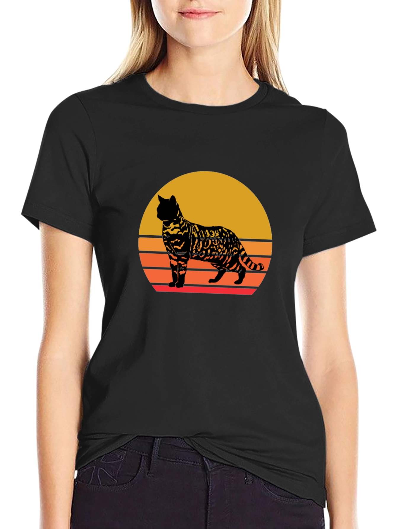 Retro Cat Sunset Graphic Tee - Unisex Black T-Shirt