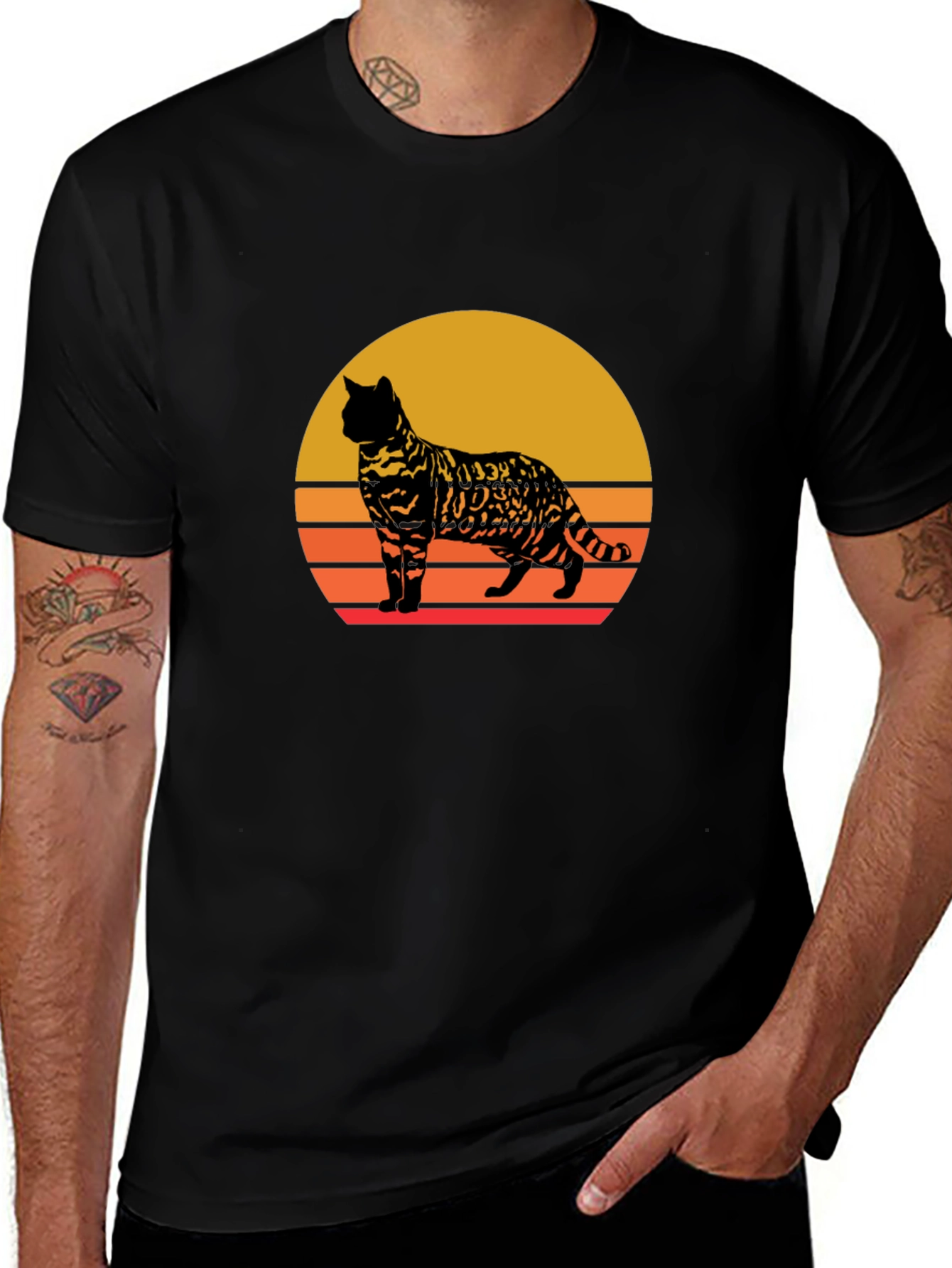 Retro Cat Sunset Graphic Tee - Unisex Black T-Shirt