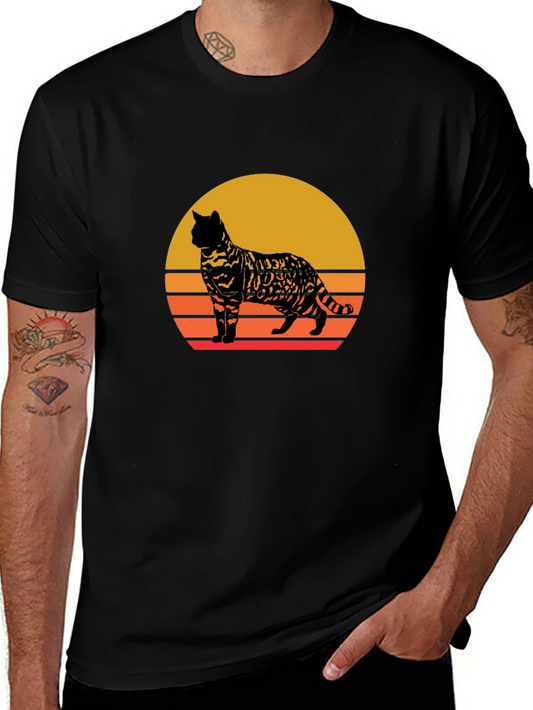 Retro Cat Sunset Graphic Tee - Unisex Black T-Shirt