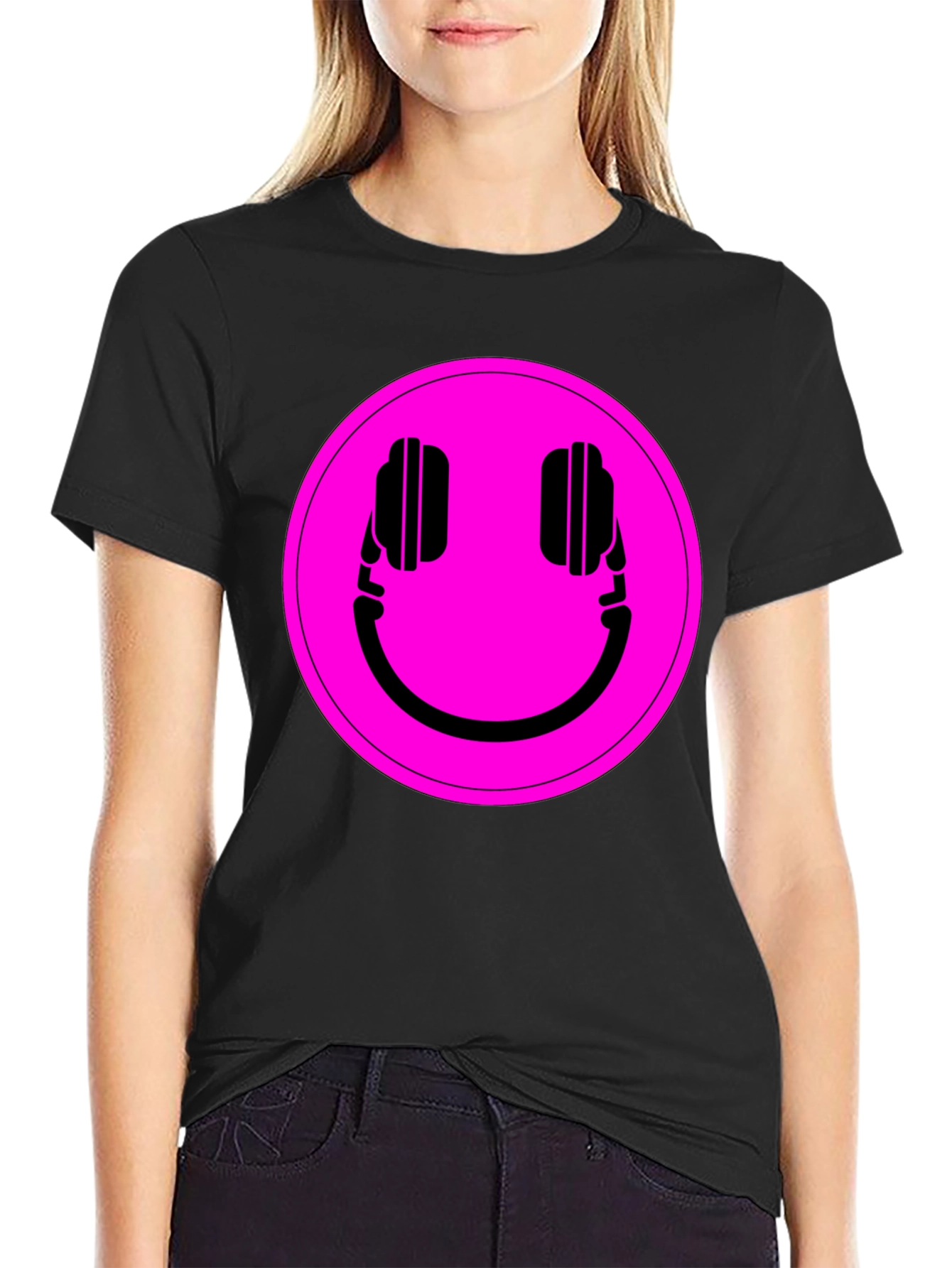 Headphone Smiley Graphic Tee - Black