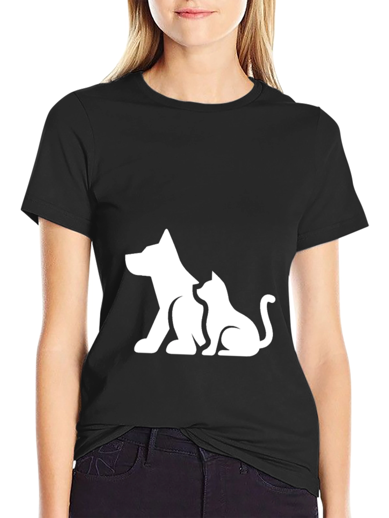 Dog and Cat Graphic Black T-Shirt