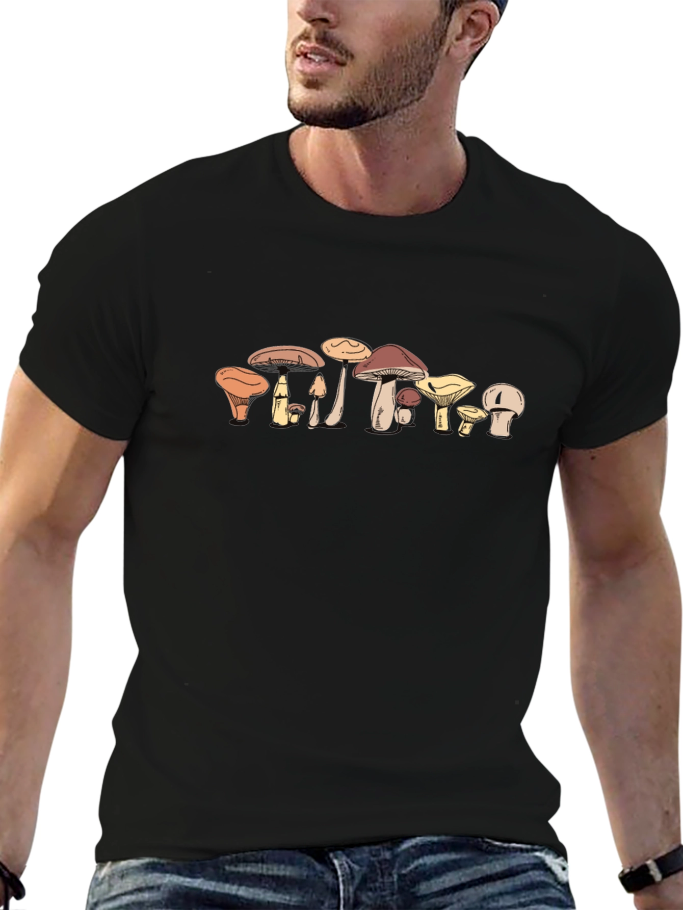 Funky Mushroom Print Black T-Shirt