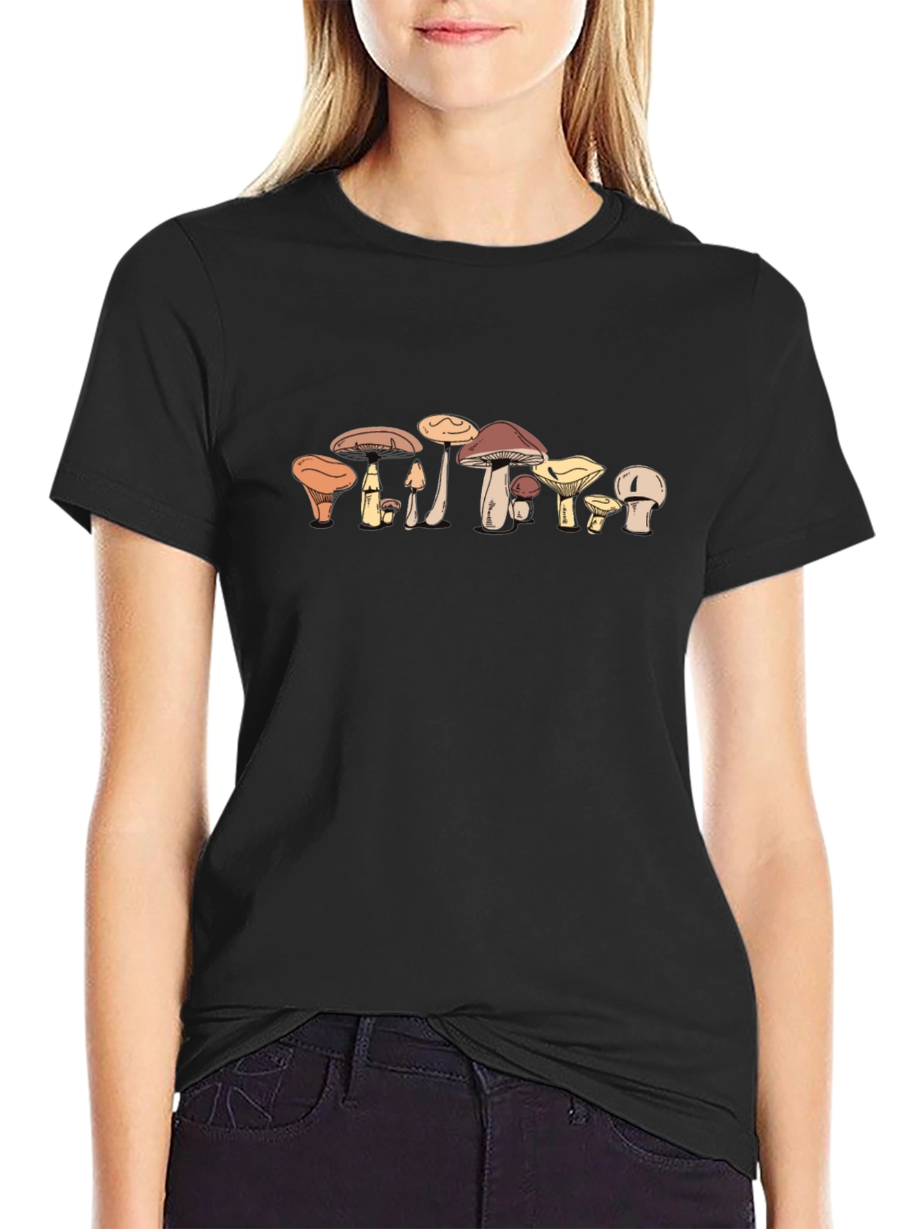 Funky Mushroom Print Black T-Shirt