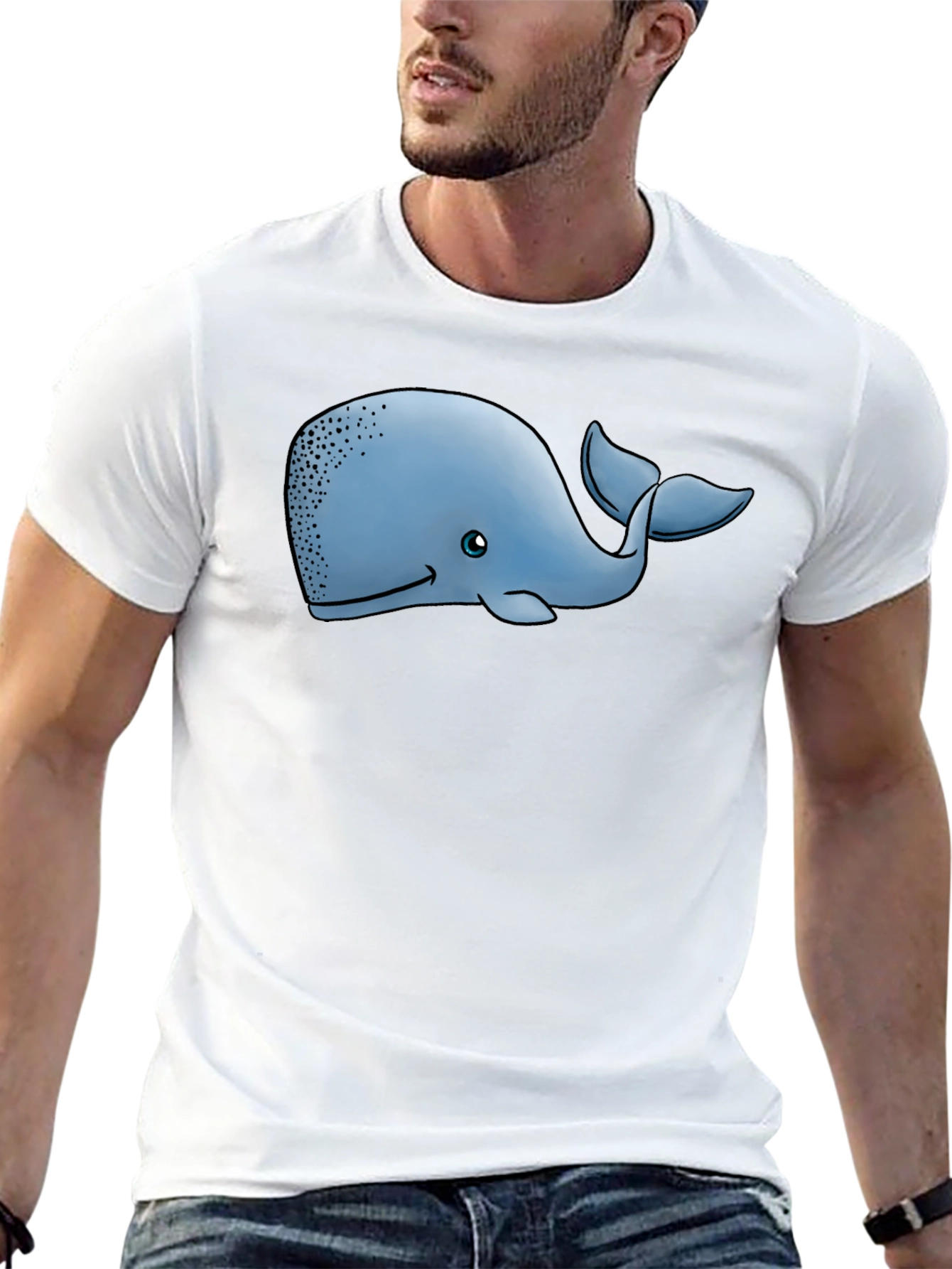 Cartoon Whale Graphic Tee - Black Cotton T-Shirt