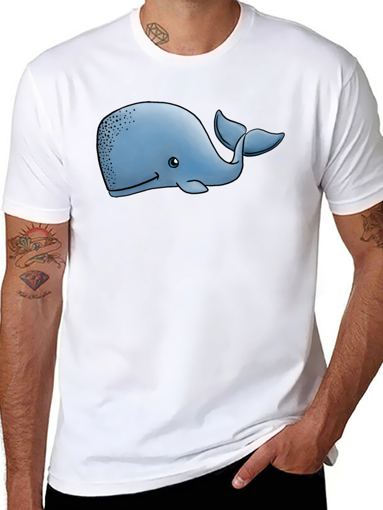 Cartoon Whale Graphic Tee - Black Cotton T-Shirt