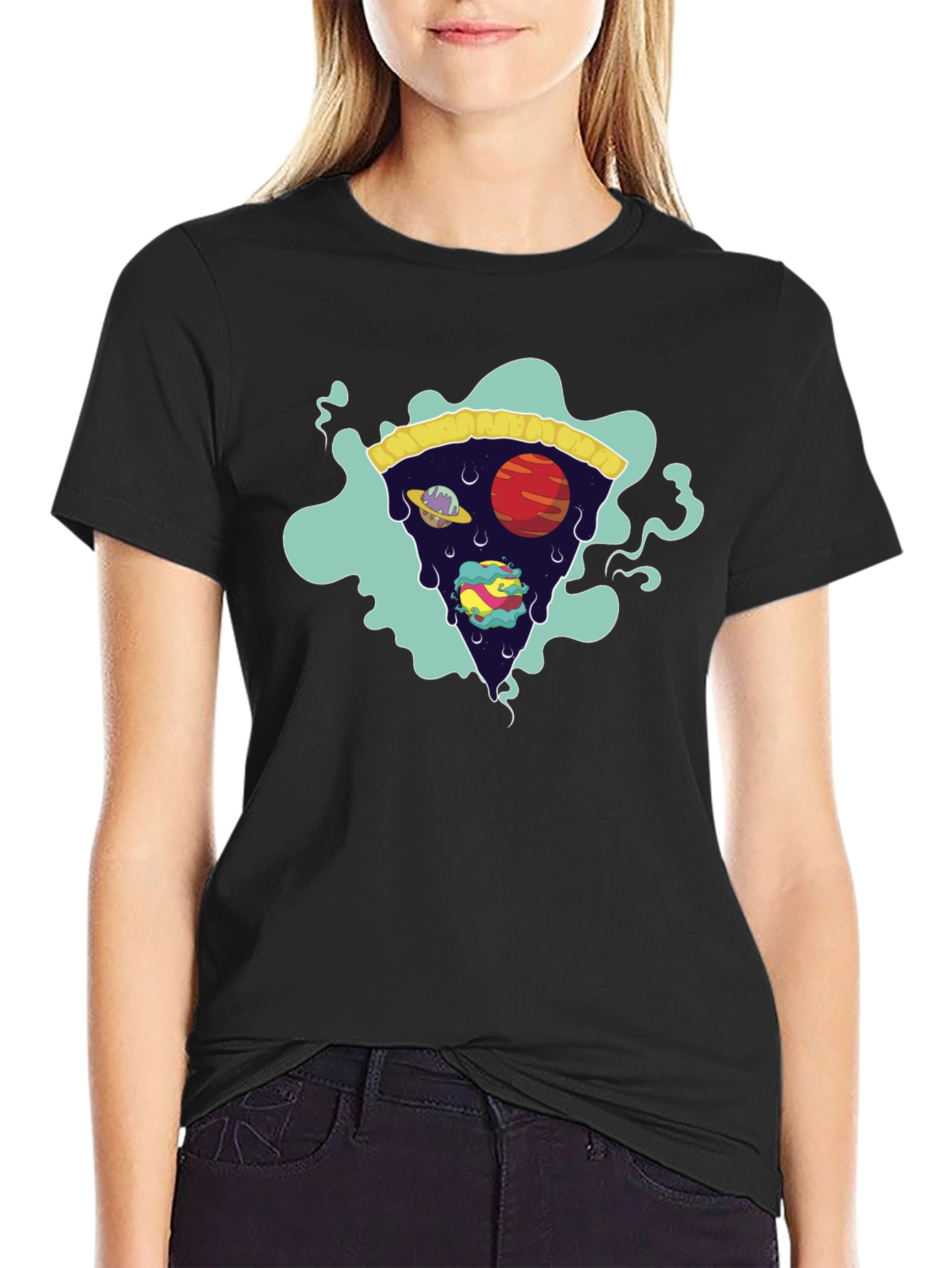Cosmic Pizza Slice Black Graphic Tee