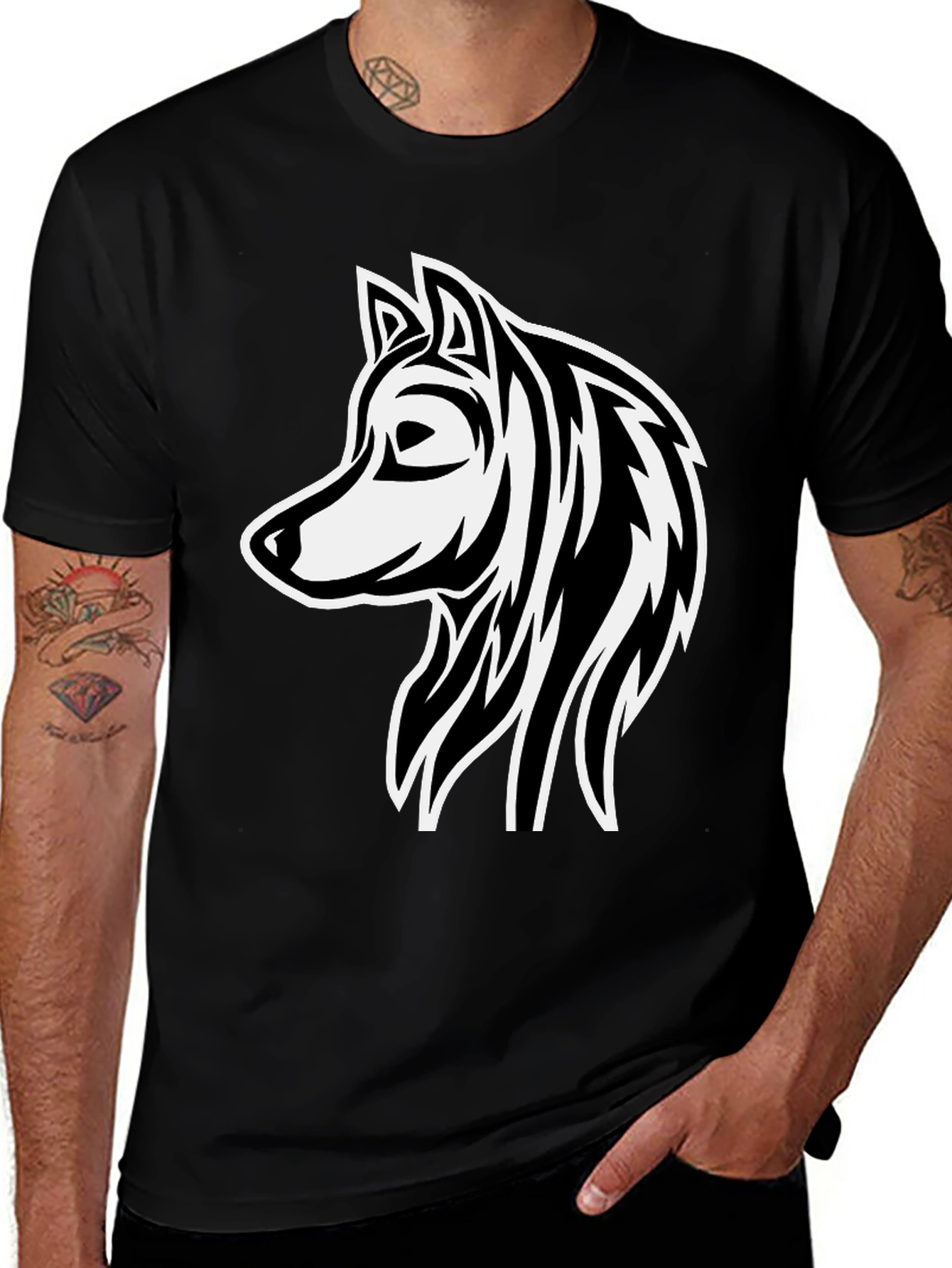 Wolf Graphic Print Black Cotton T-Shirt