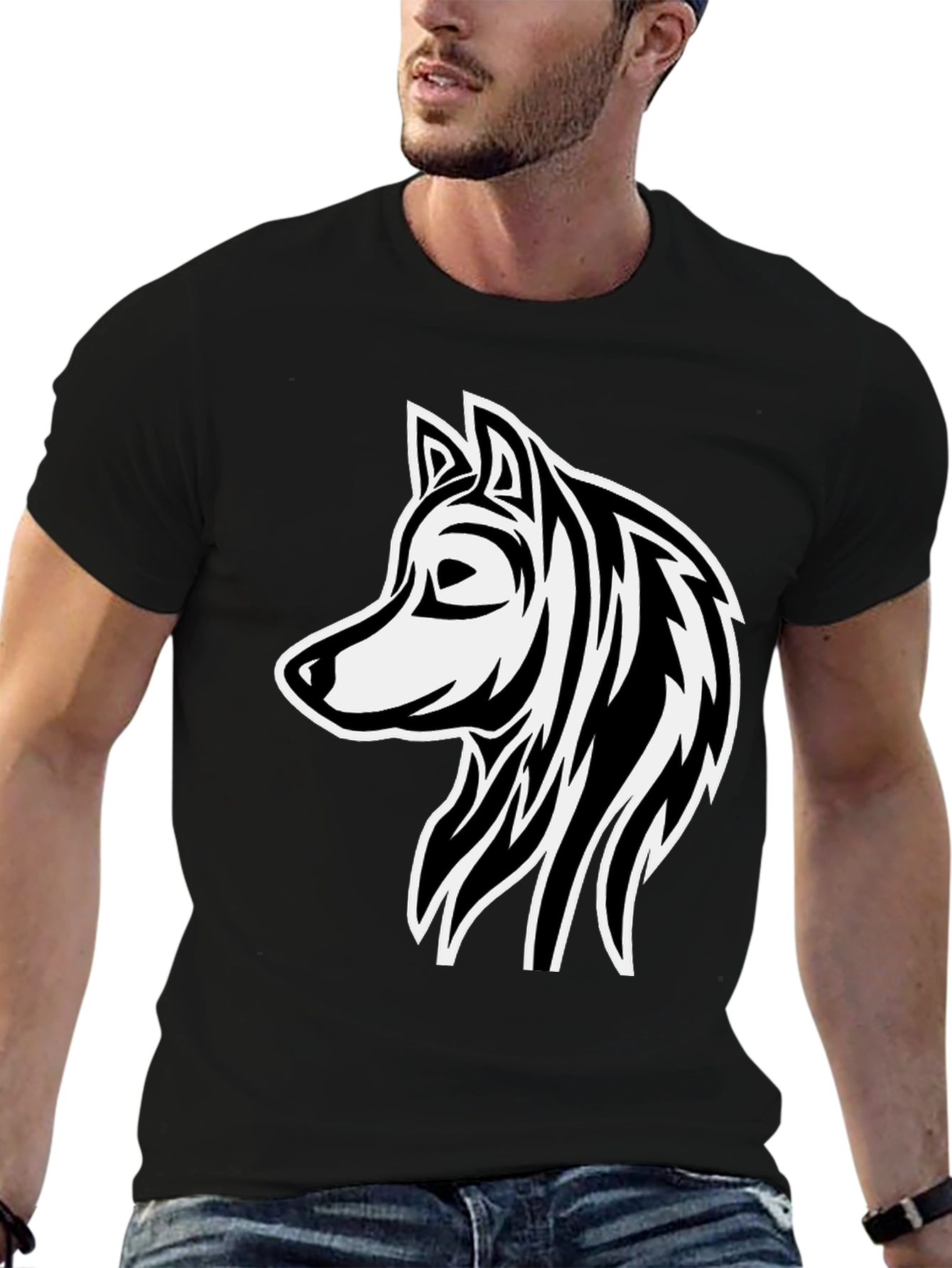 Wolf Graphic Print Black Cotton T-Shirt