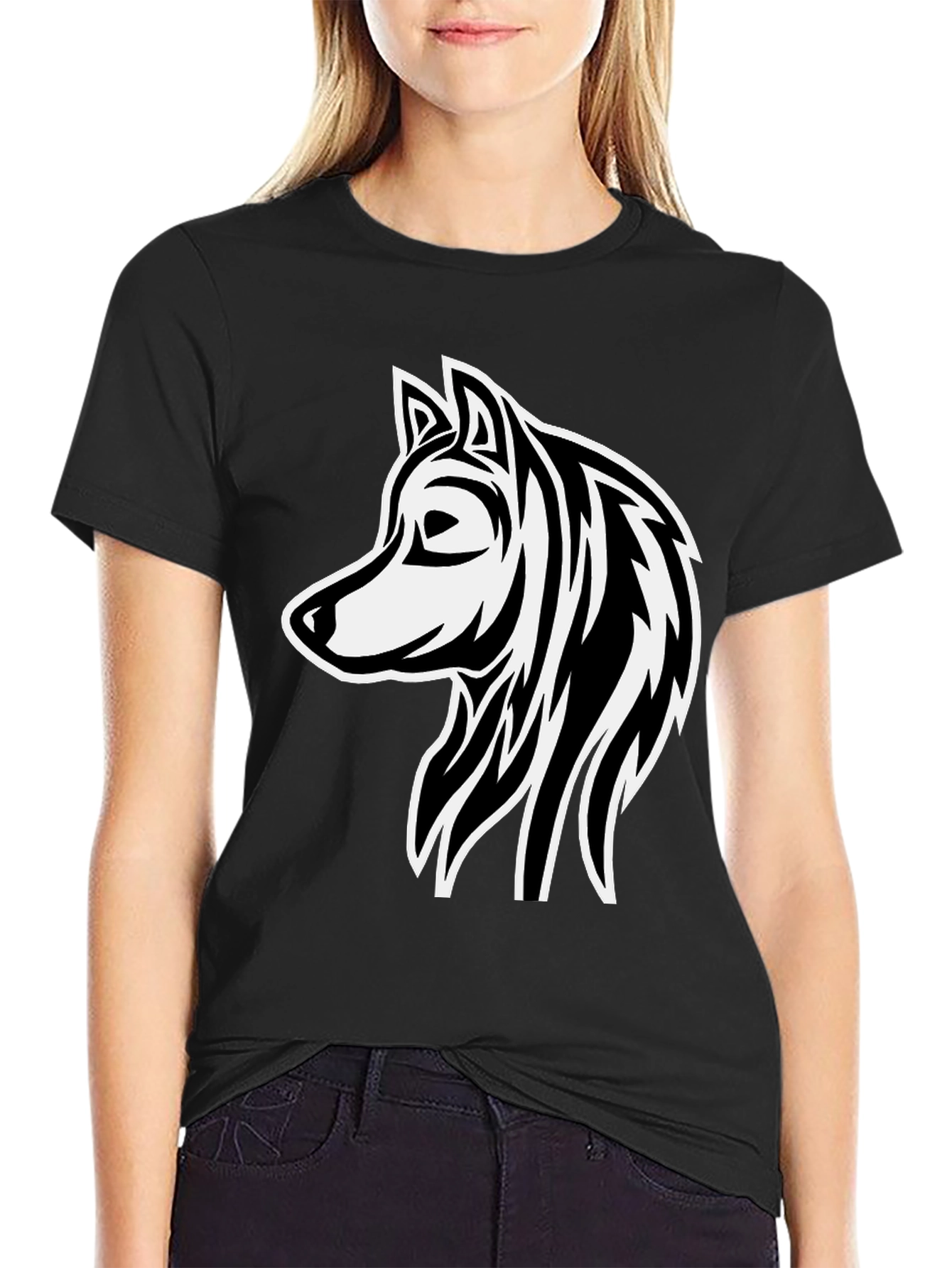 Wolf Graphic Print Black Cotton T-Shirt