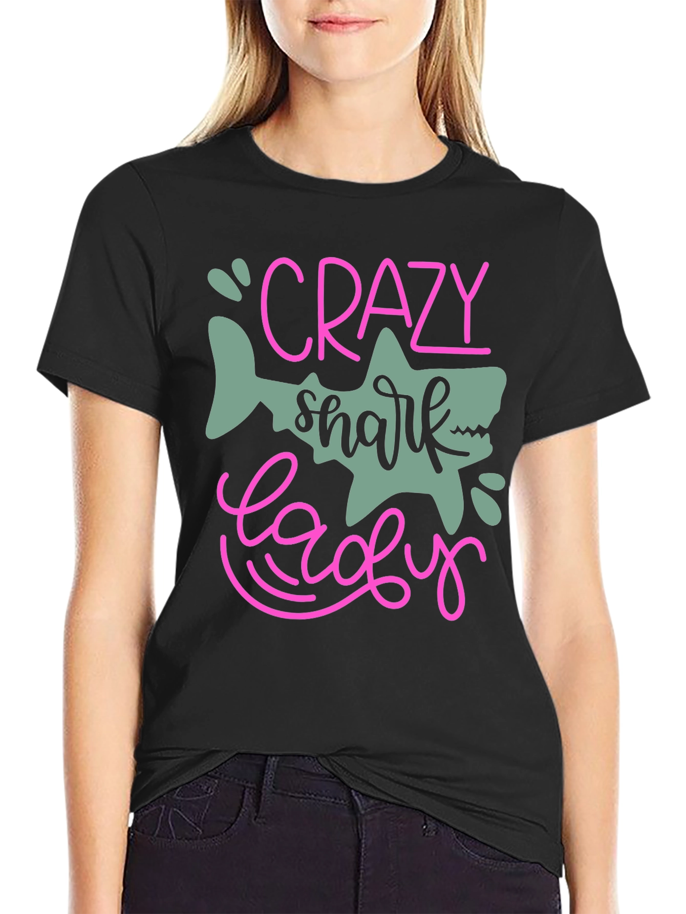 Crazy Shark Lady Black T-Shirt