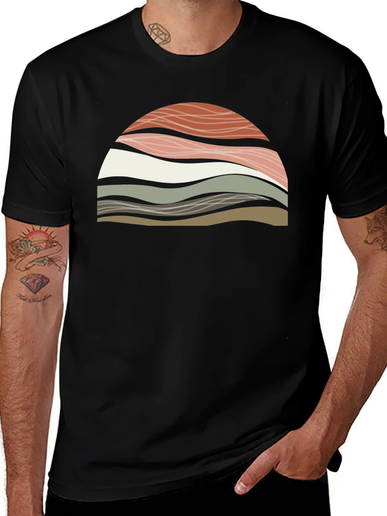 Abstract Wavy Graphic Print T-Shirt - Black