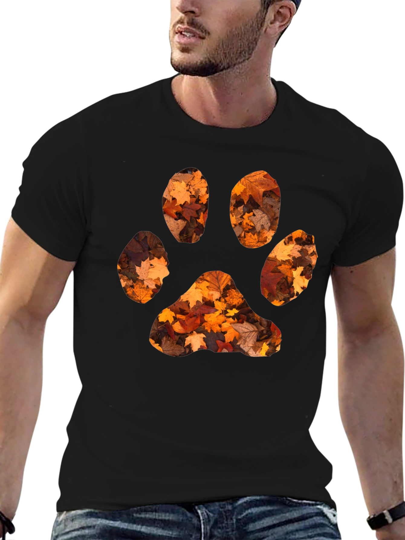 Fall Leaves Paw Print Black T-Shirt