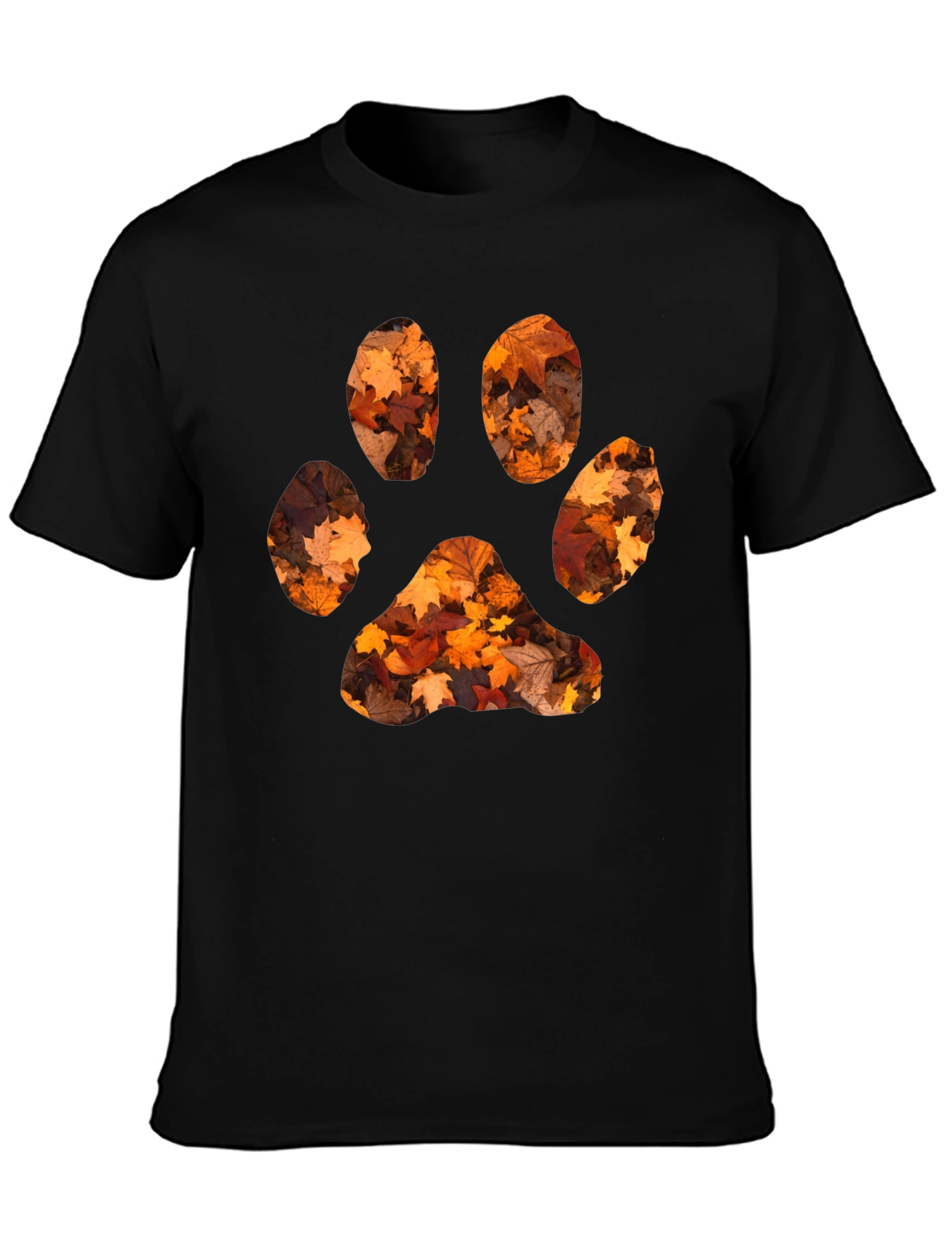 Fall Leaves Paw Print Black T-Shirt
