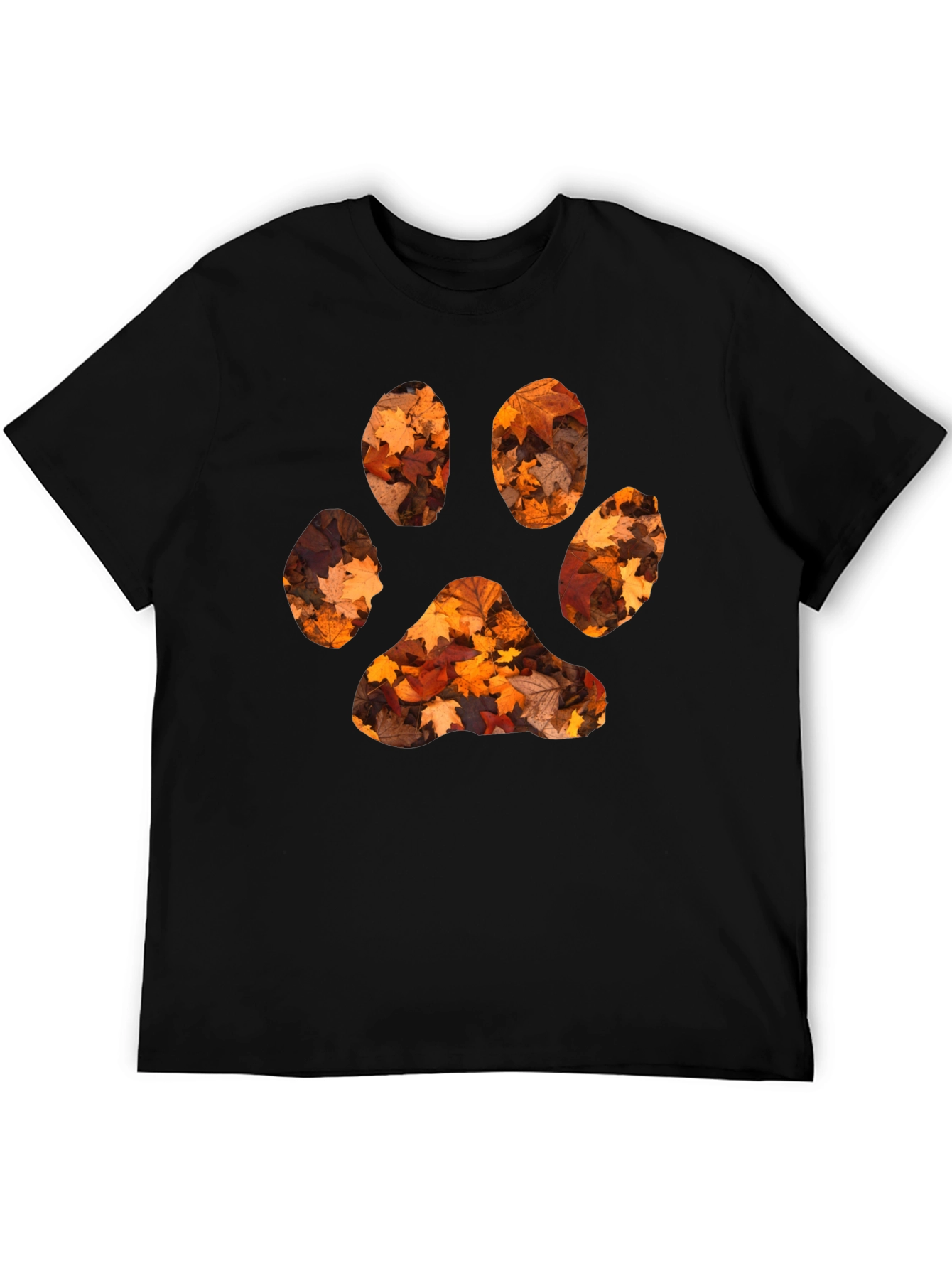 Fall Leaves Paw Print Black T-Shirt