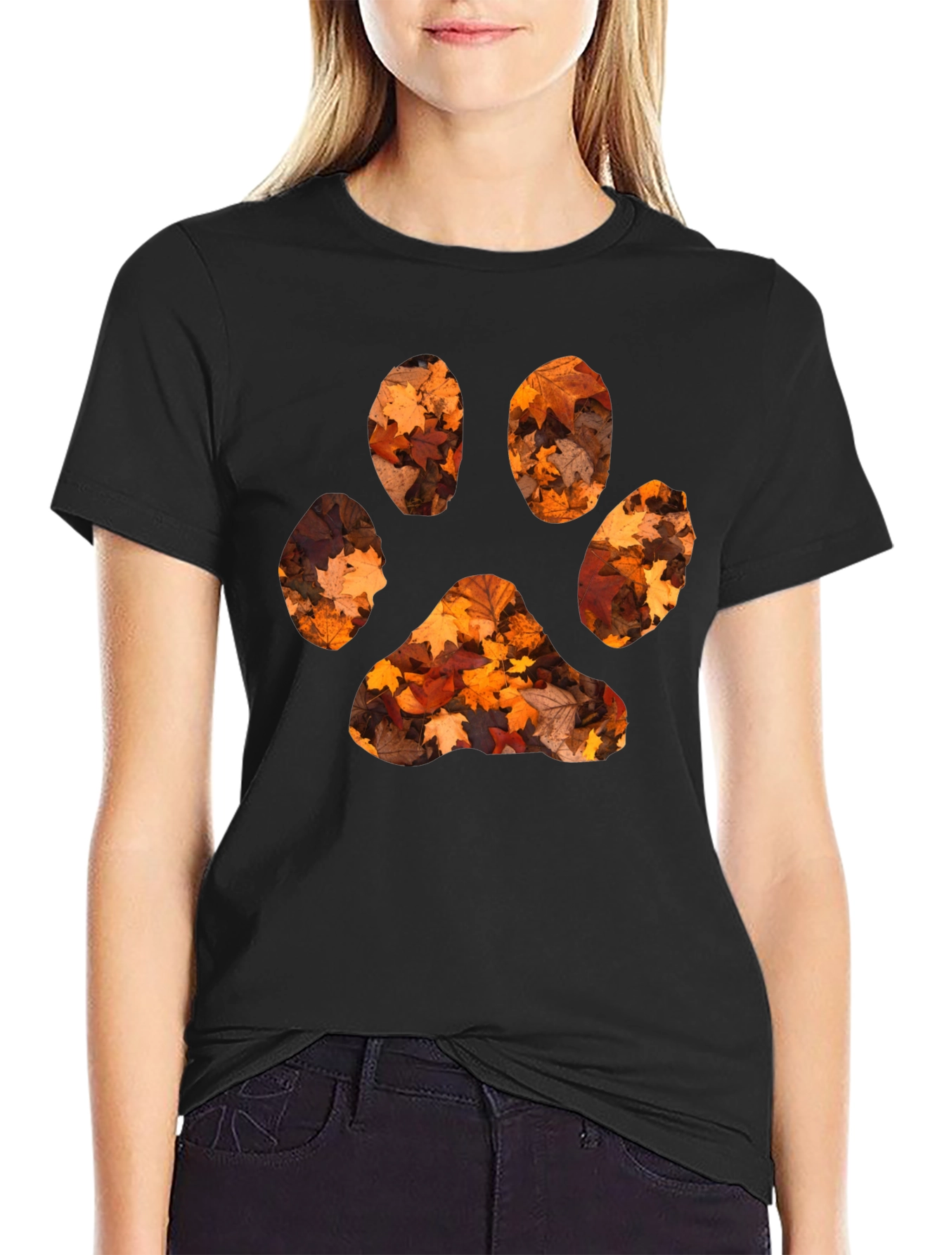 Fall Leaves Paw Print Black T-Shirt