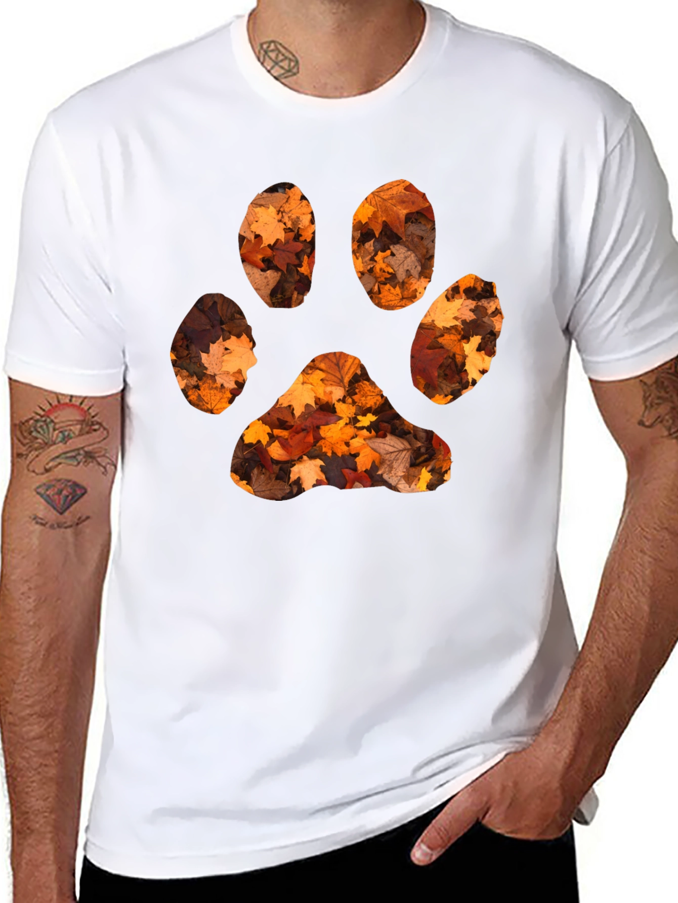 Fall Leaves Paw Print Black T-Shirt