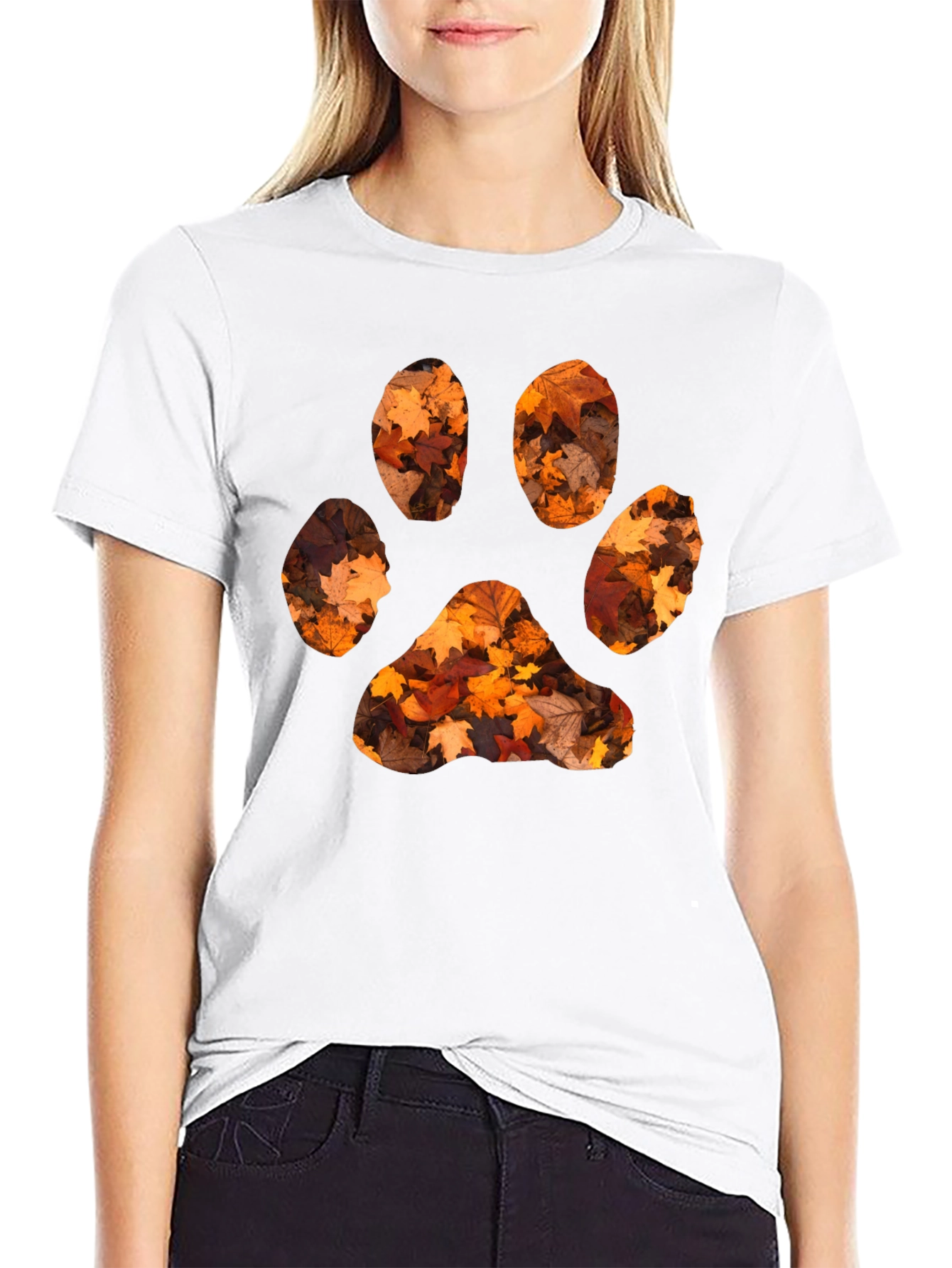 Fall Leaves Paw Print Black T-Shirt