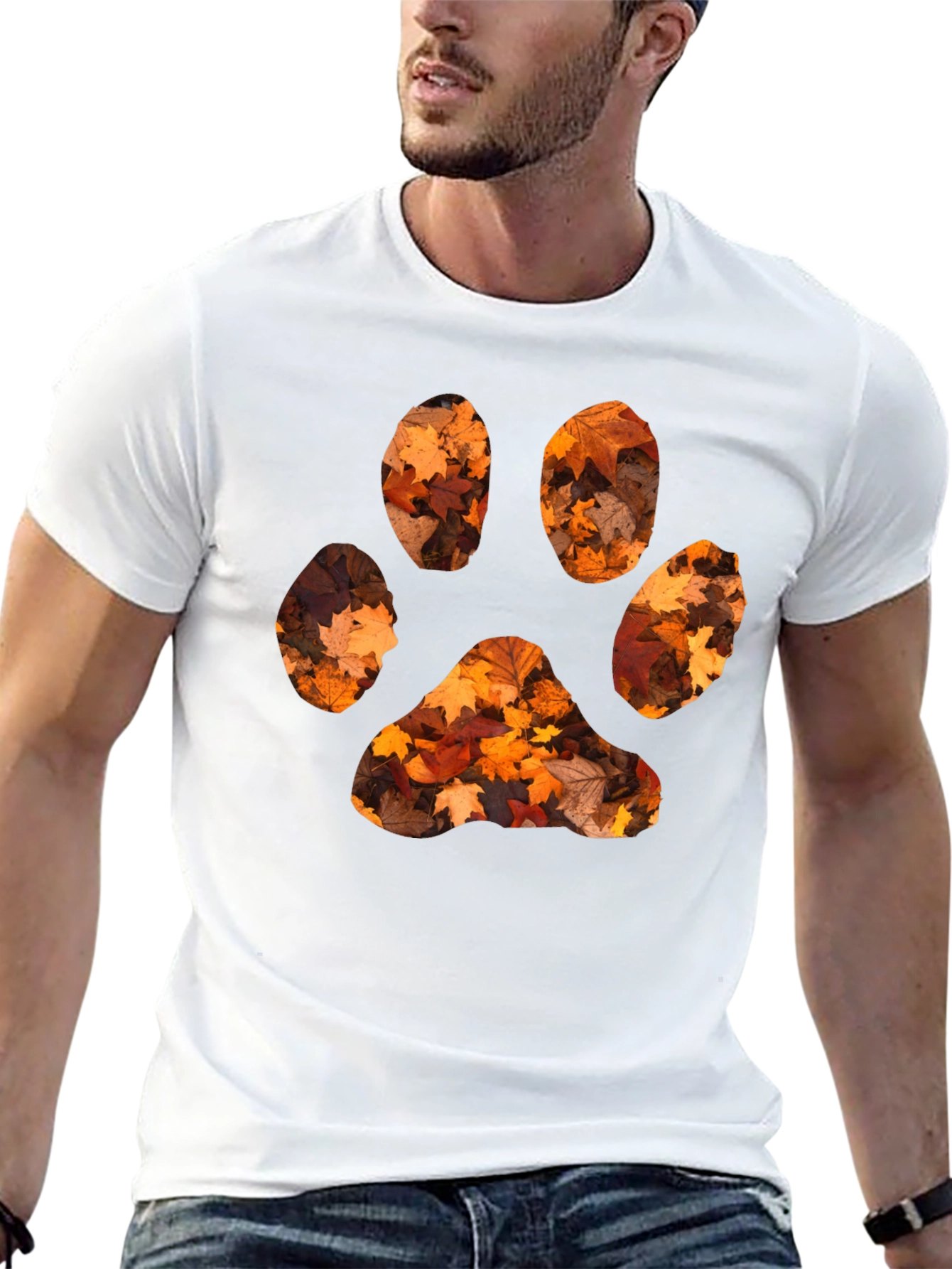 Fall Leaves Paw Print Black T-Shirt