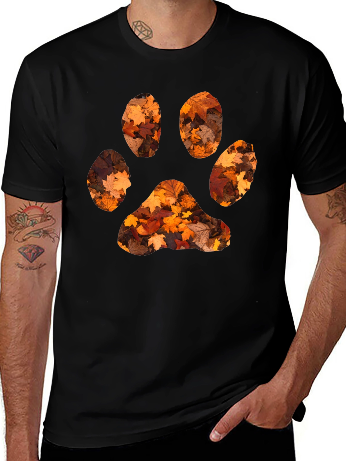 Fall Leaves Paw Print Black T-Shirt