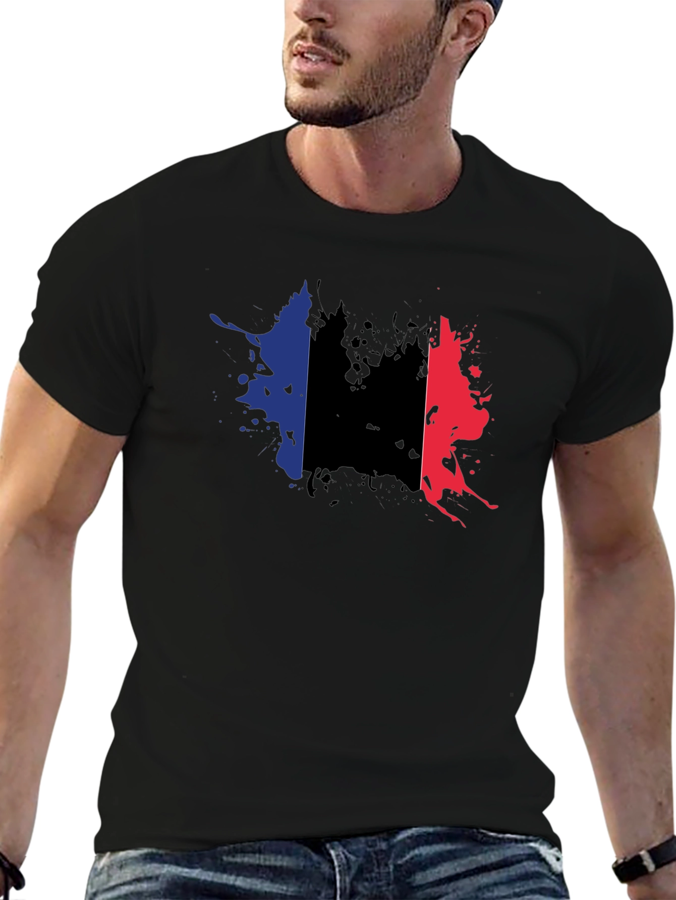 France Flag Splatter T-Shirt - Black Casual Style