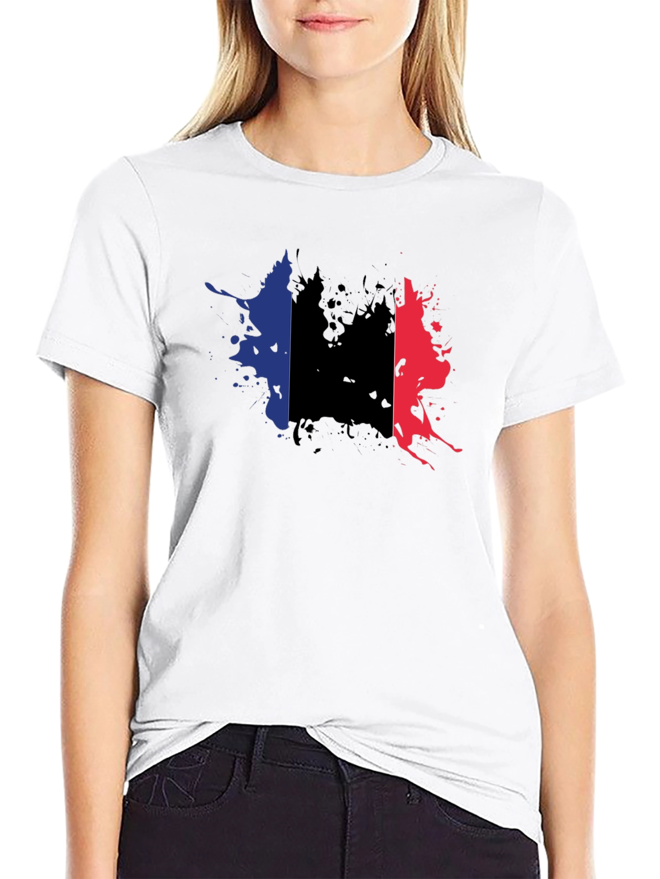 France Flag Splatter T-Shirt - Black Casual Style