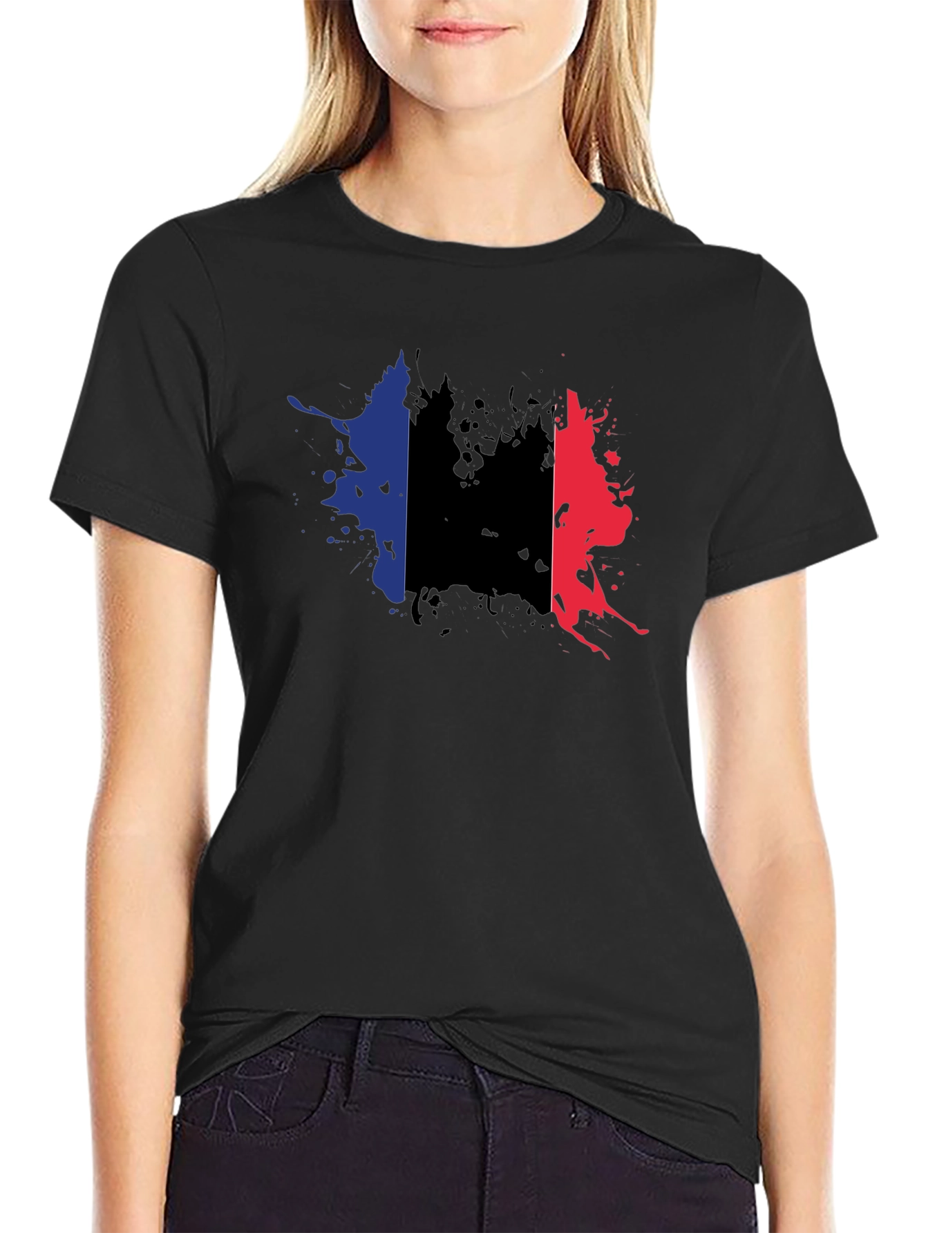 France Flag Splatter T-Shirt - Black Casual Style