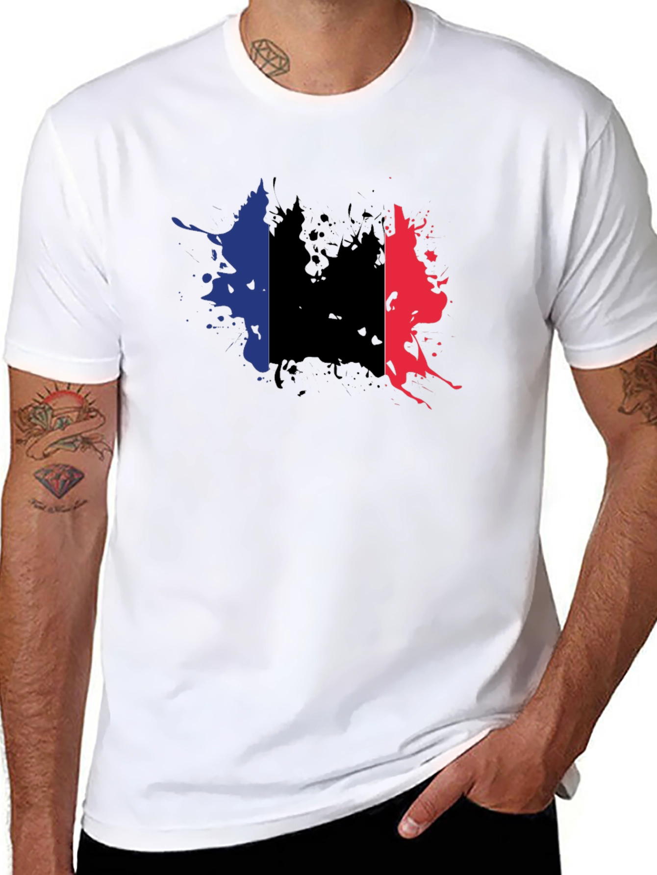 France Flag Splatter T-Shirt - Black Casual Style