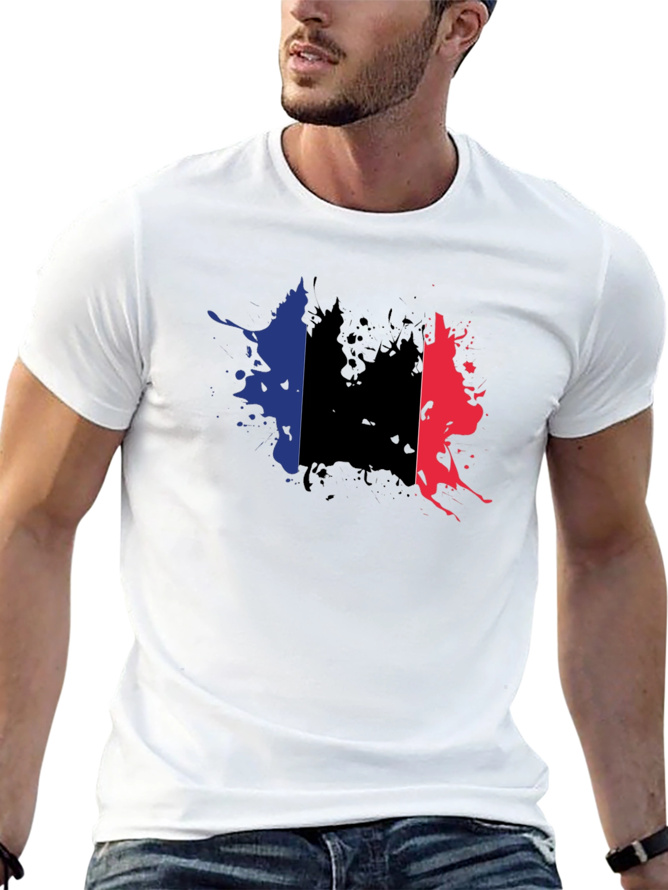 France Flag Splatter T-Shirt - Black Casual Style