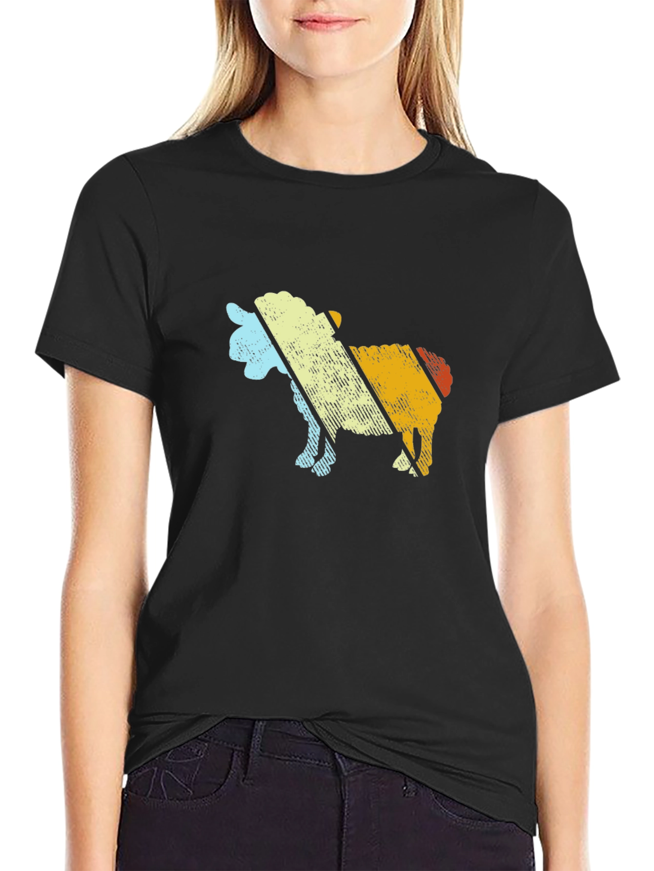 Retro Sheep Graphic Tee - Black Cotton Blend T-Shirt