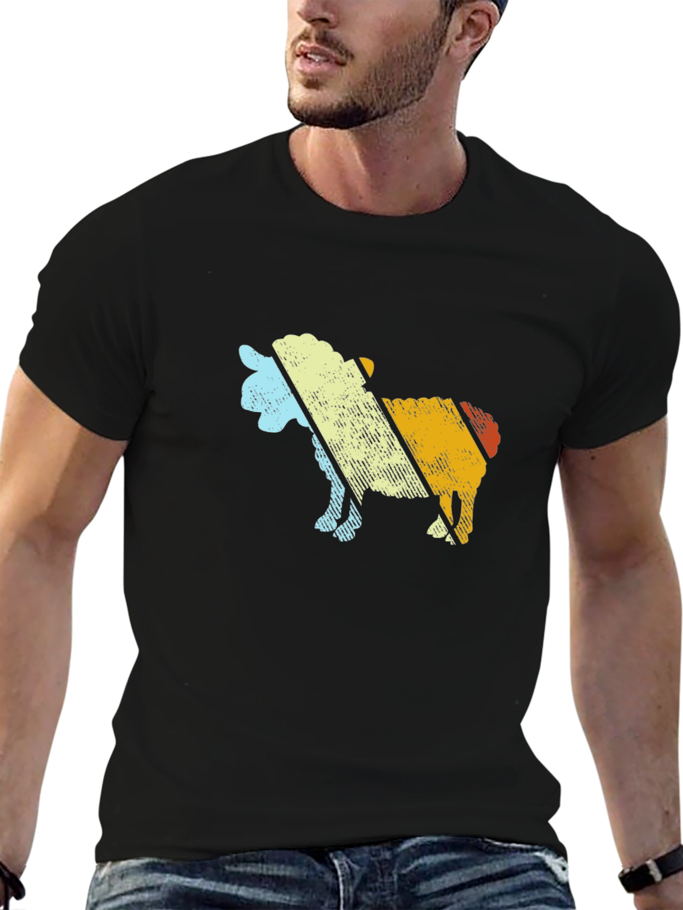 Retro Sheep Graphic Tee - Black Cotton Blend T-Shirt